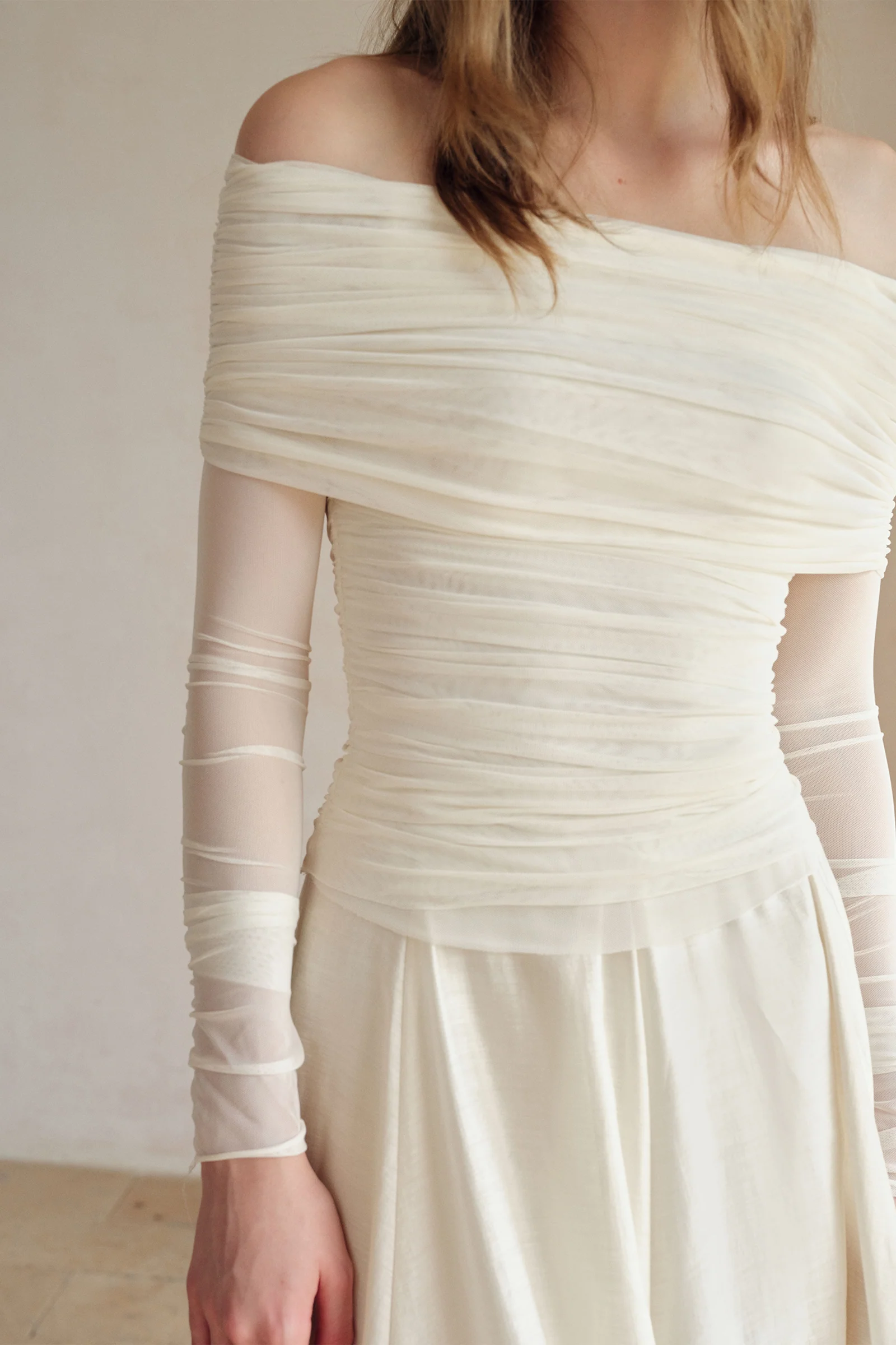 Bailey Mesh Ruched Off Shoulder Top (Ice White) - Image 4