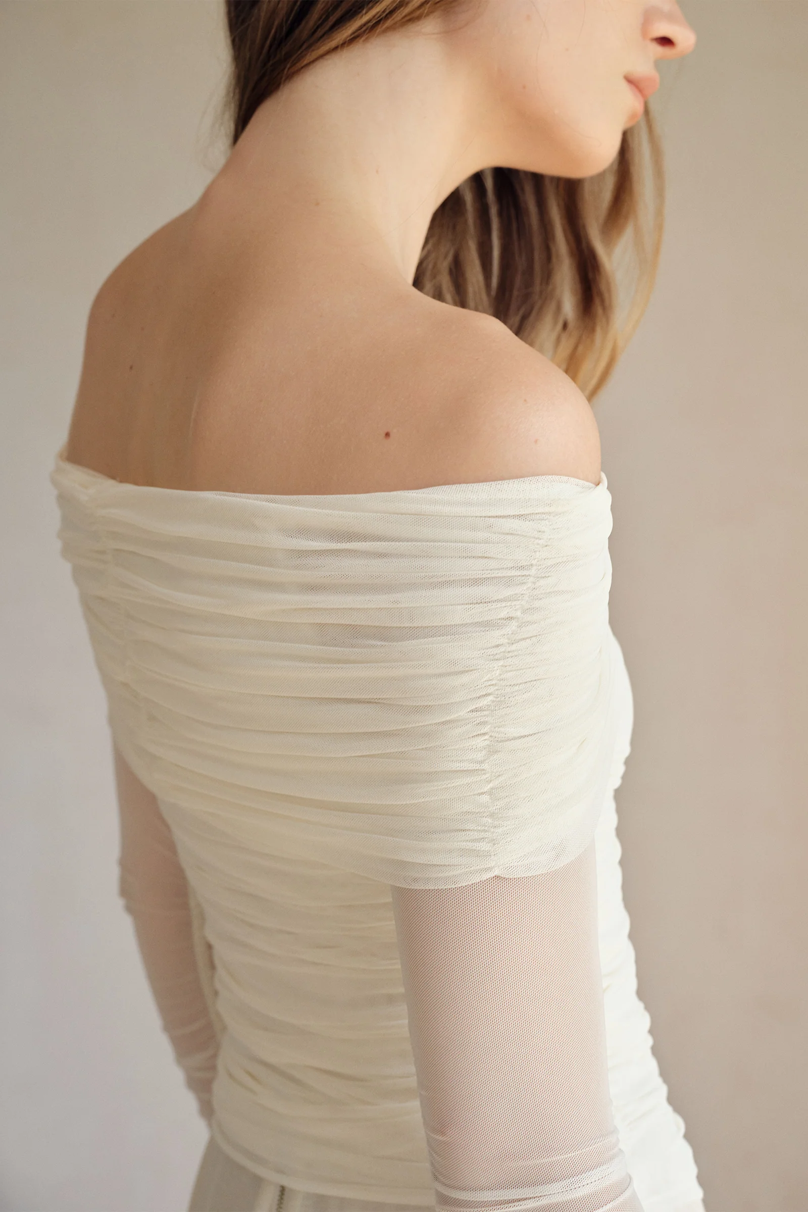 Bailey Mesh Ruched Off Shoulder Top (Ice White) - Image 7