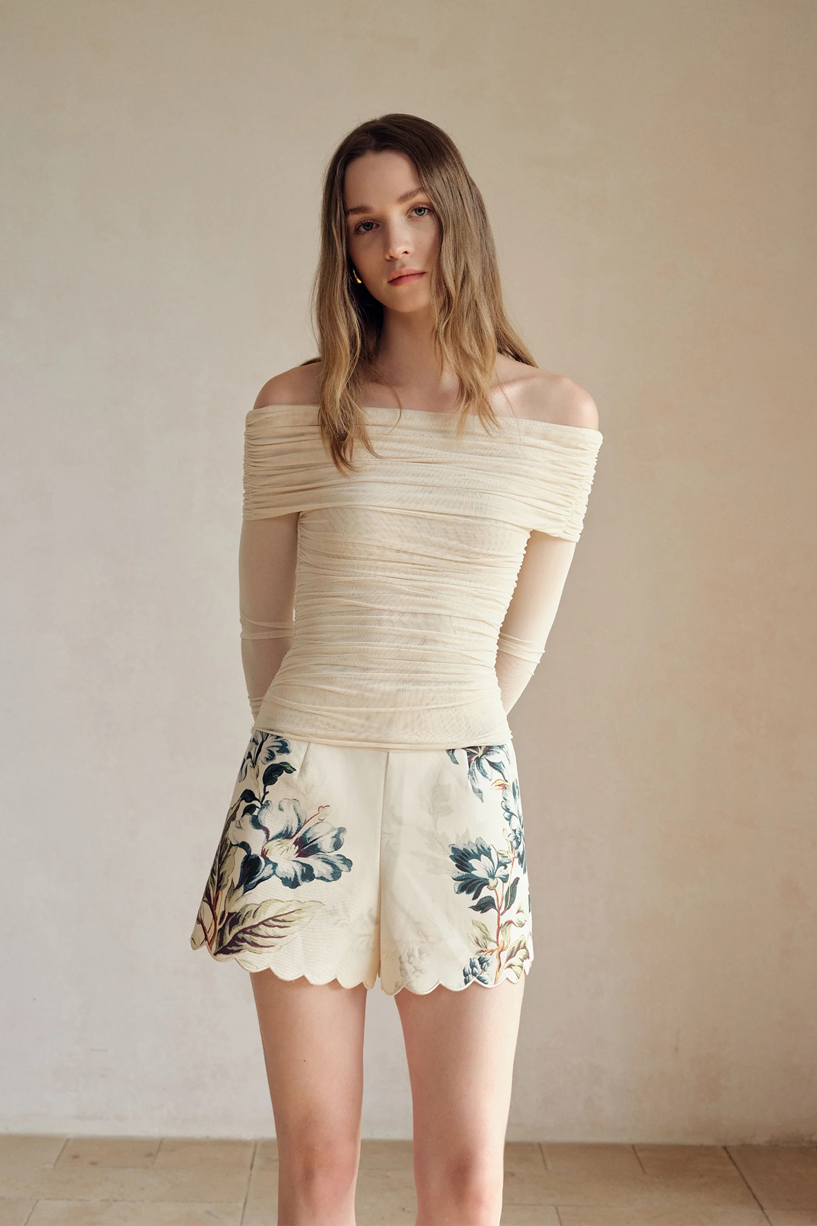 Bailey Mesh Ruched Off Shoulder Top (Buttercream) - Image 11