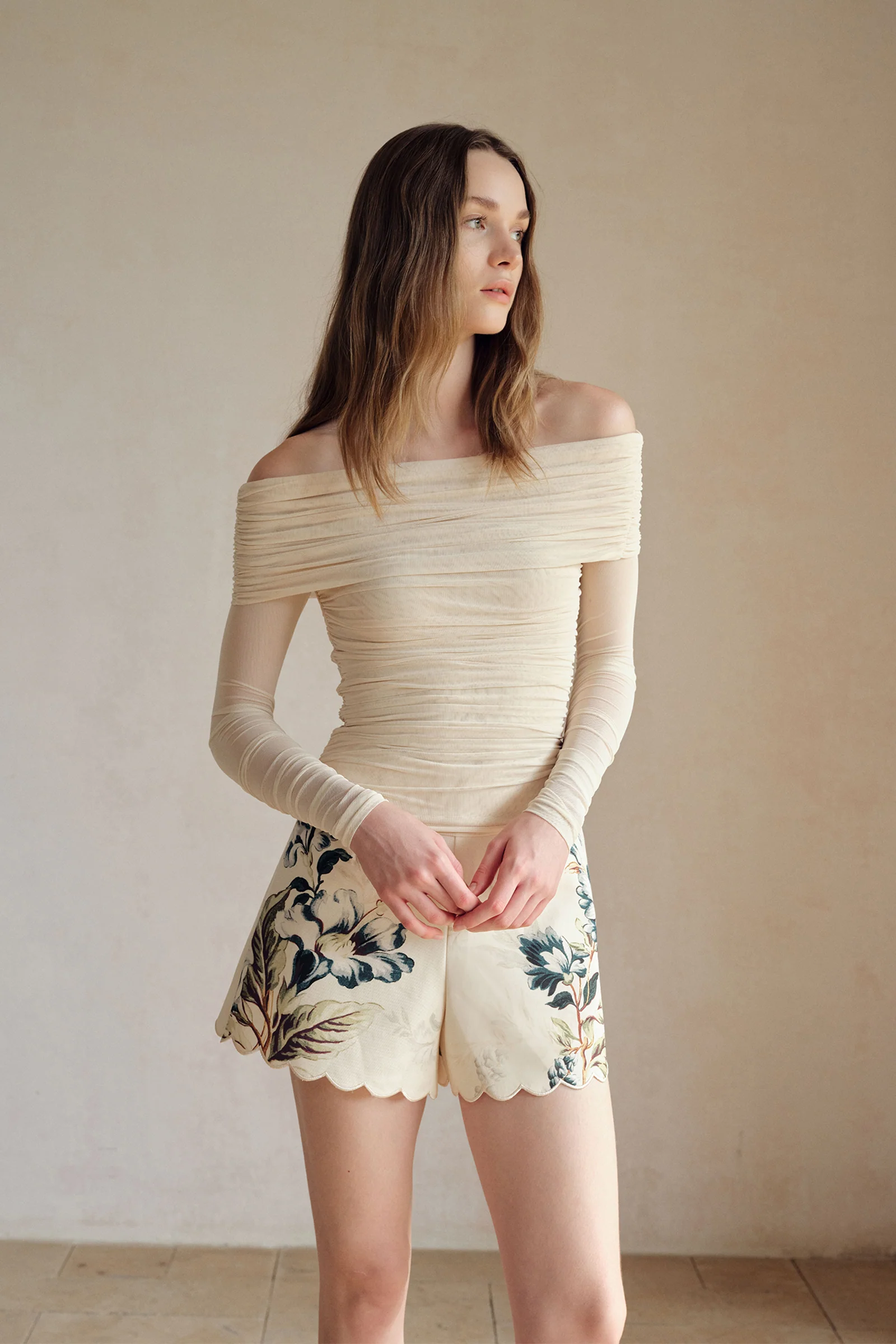 Bailey Mesh Ruched Off Shoulder Top (Buttercream) - Image 12