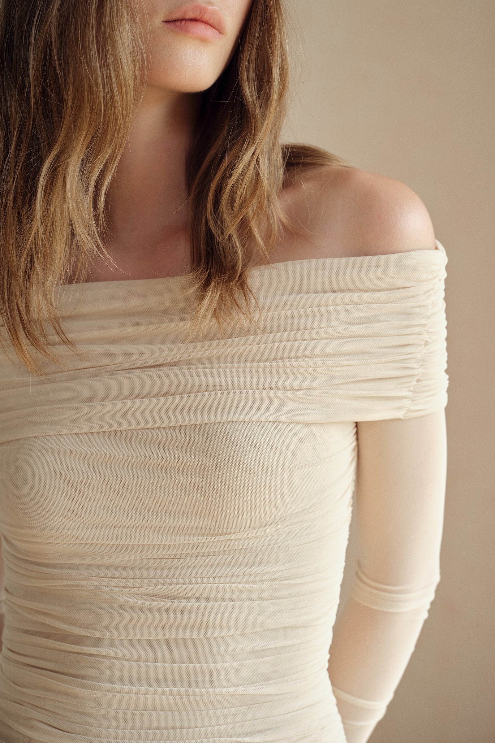 Bailey Mesh Ruched Off Shoulder Top (Buttercream) - Image 13