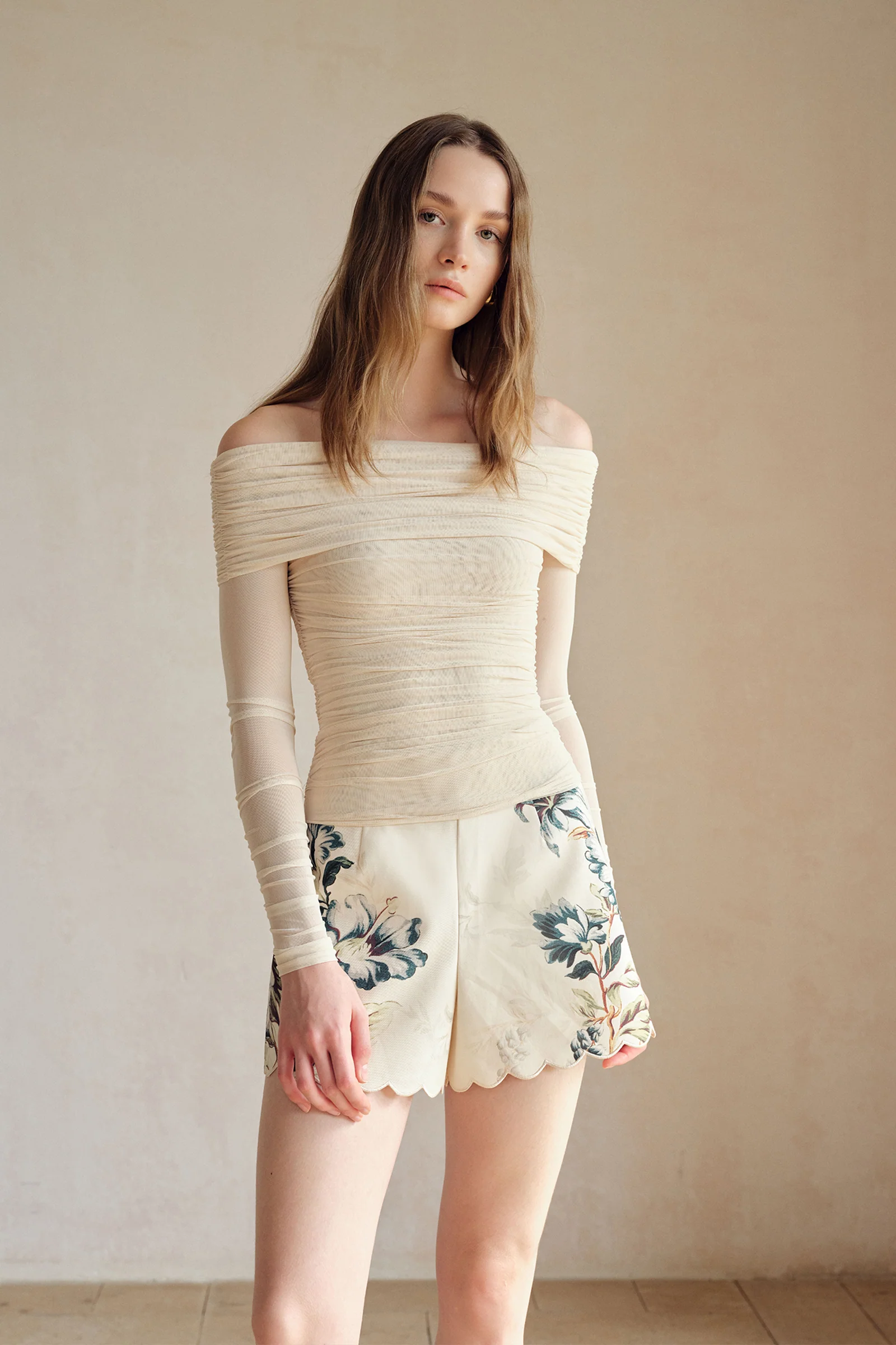 Bailey Mesh Ruched Off Shoulder Top (Buttercream) - Image 18