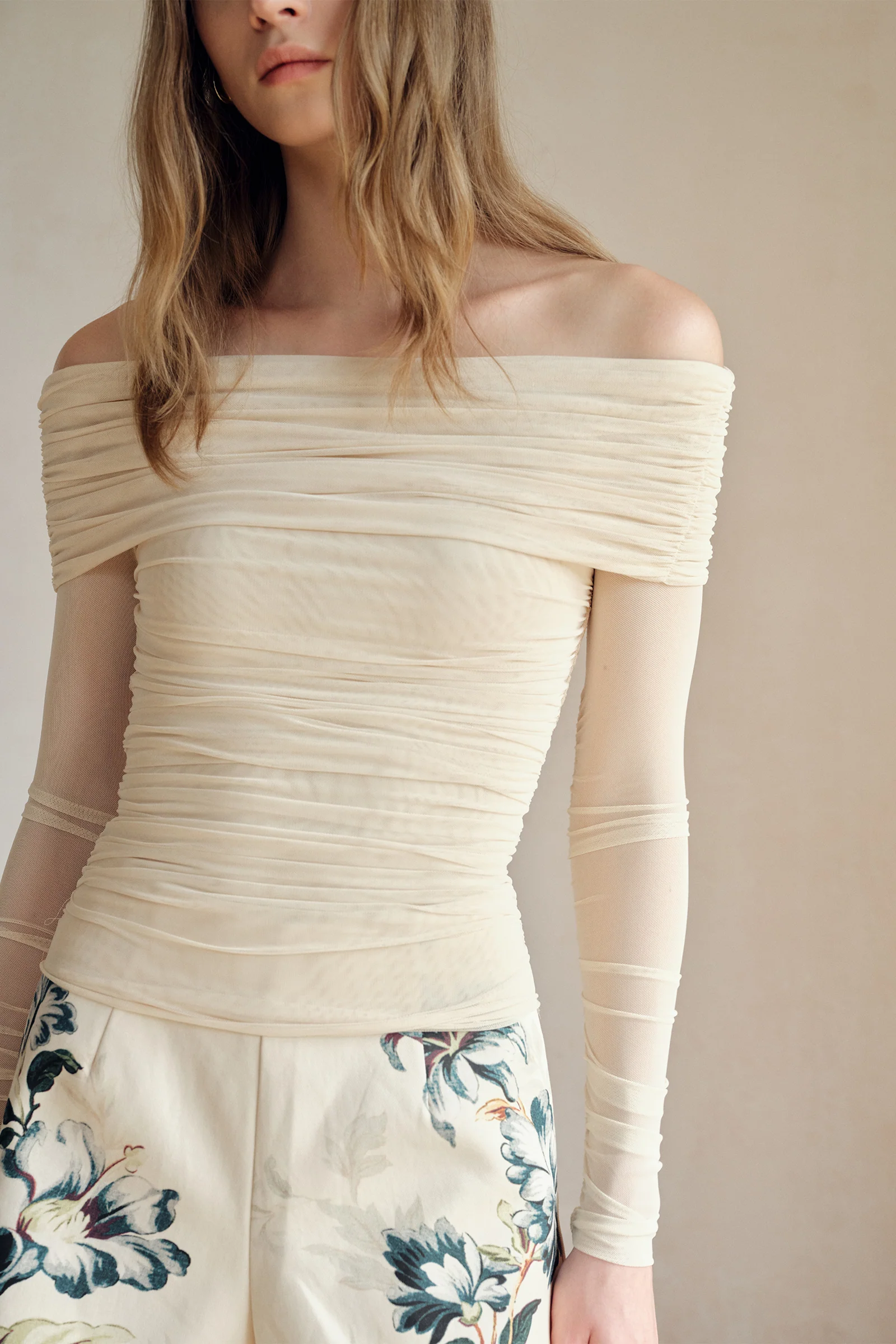 Bailey Mesh Ruched Off Shoulder Top (Buttercream) - Image 19