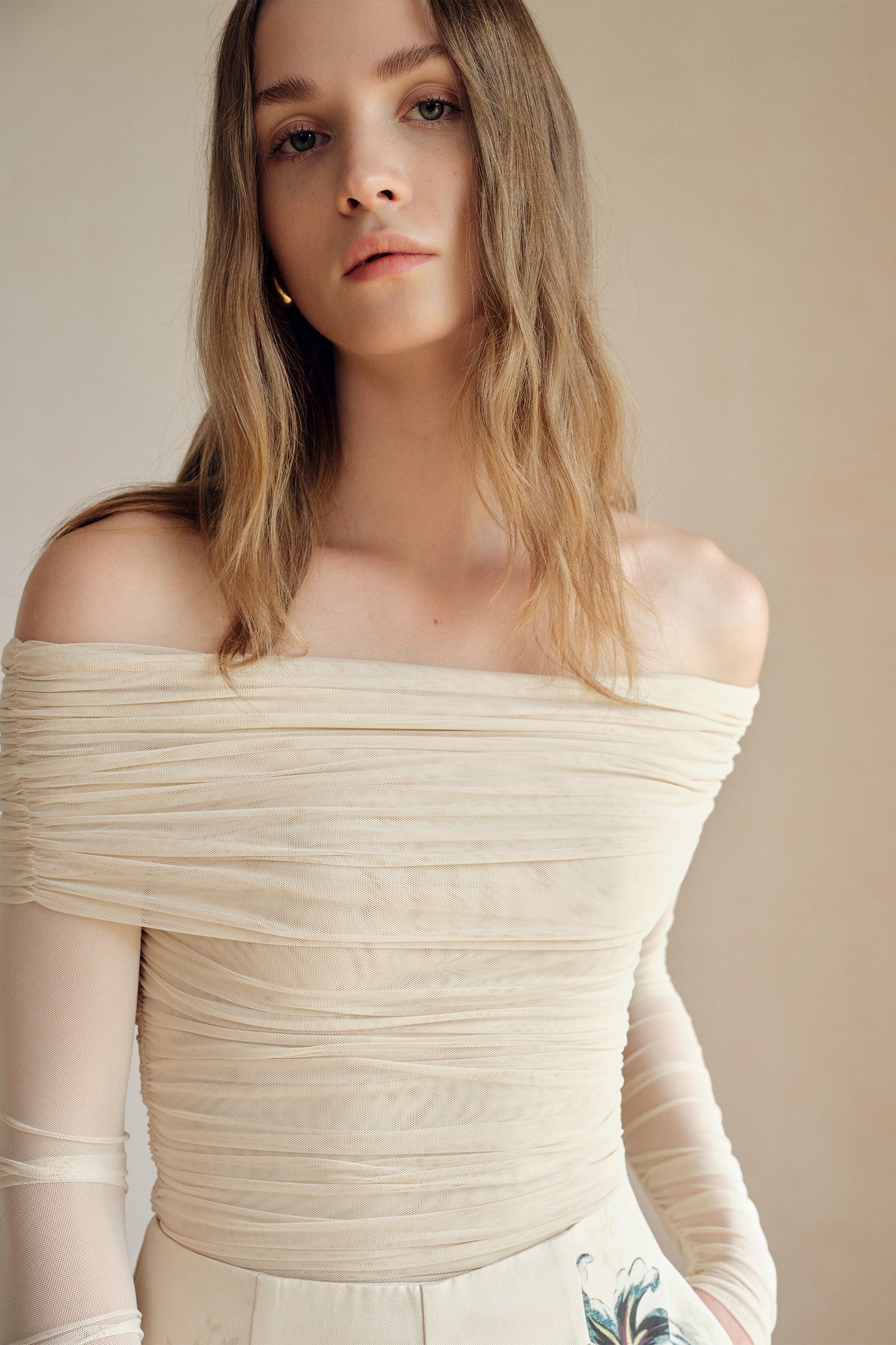 Bailey Mesh Ruched Off Shoulder Top (Buttercream) - Image 2