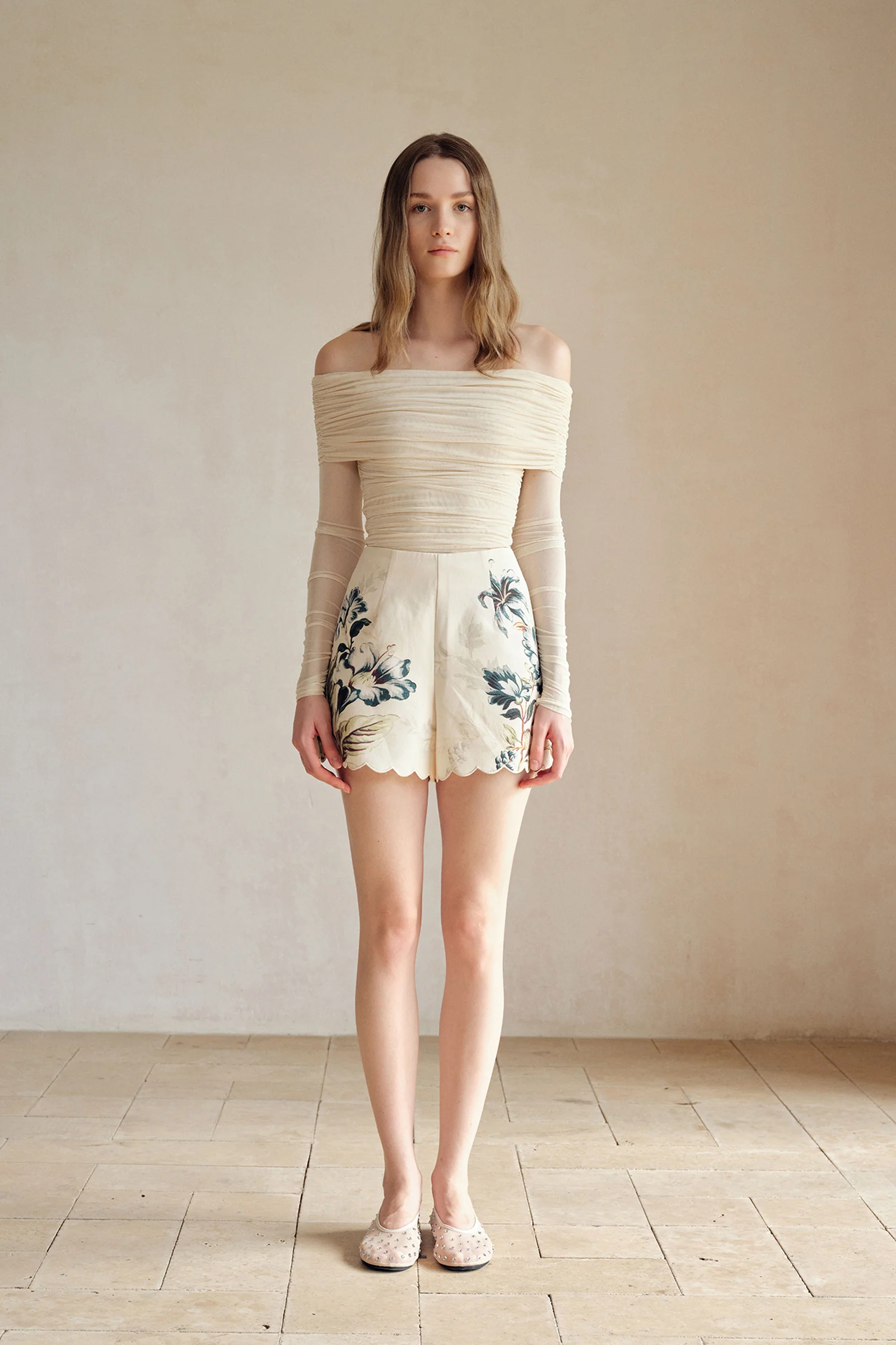 Bailey Mesh Ruched Off Shoulder Top (Buttercream) - Image 21