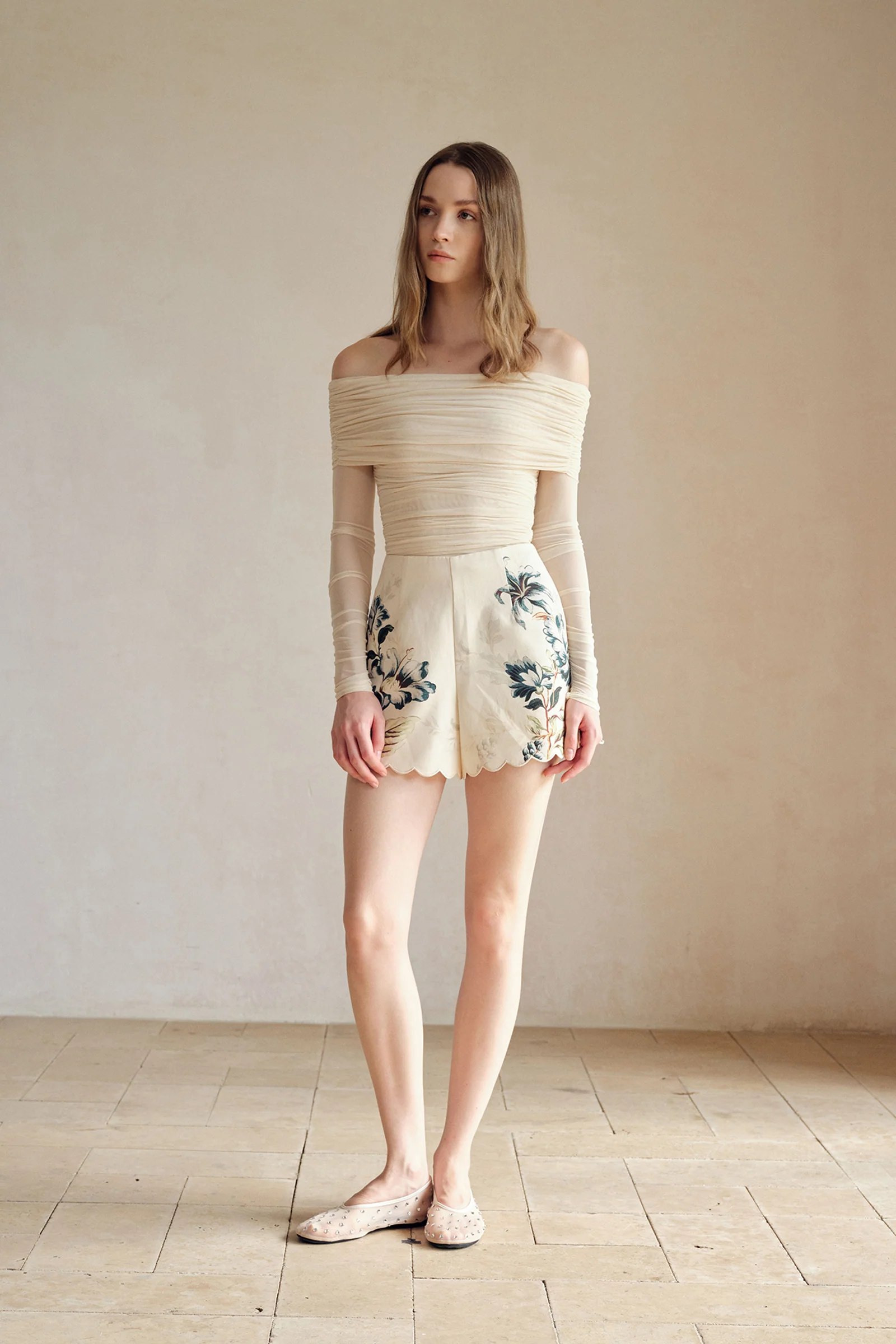 Bailey Mesh Ruched Off Shoulder Top (Buttercream) - Image 22