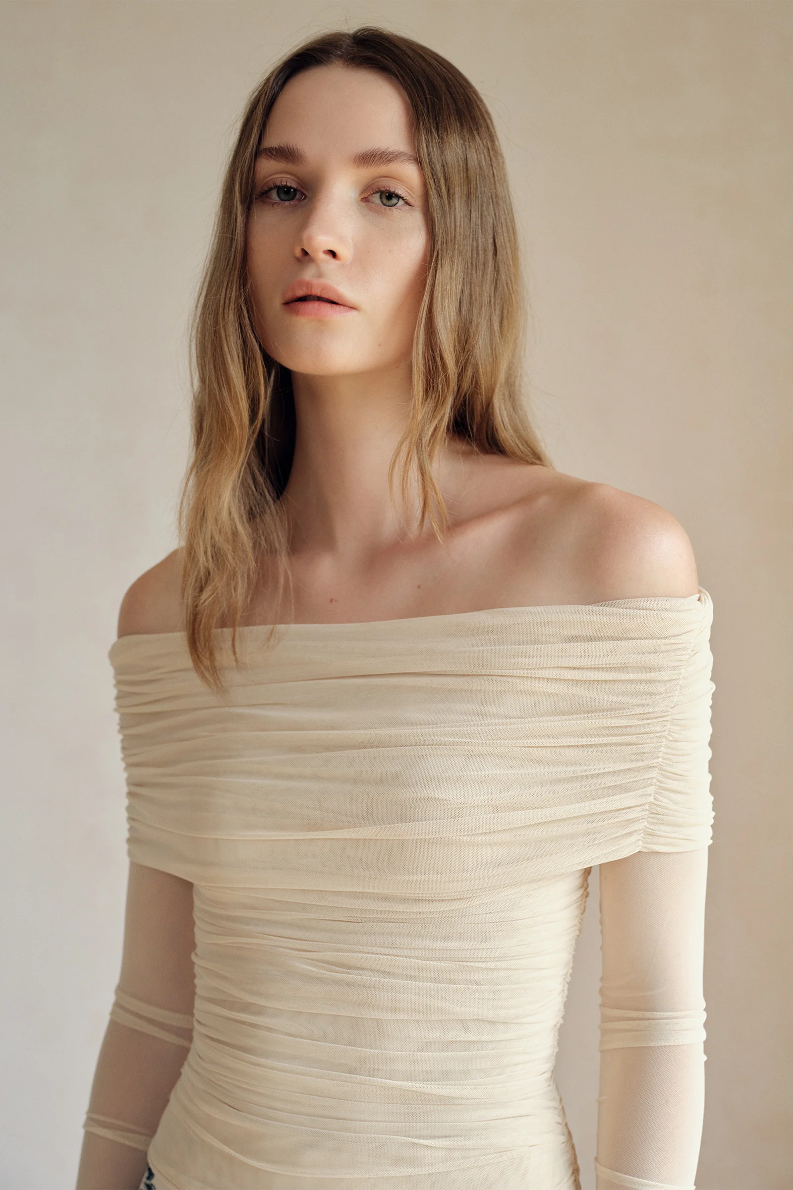 Bailey Mesh Ruched Off Shoulder Top (Buttercream) - Image 25