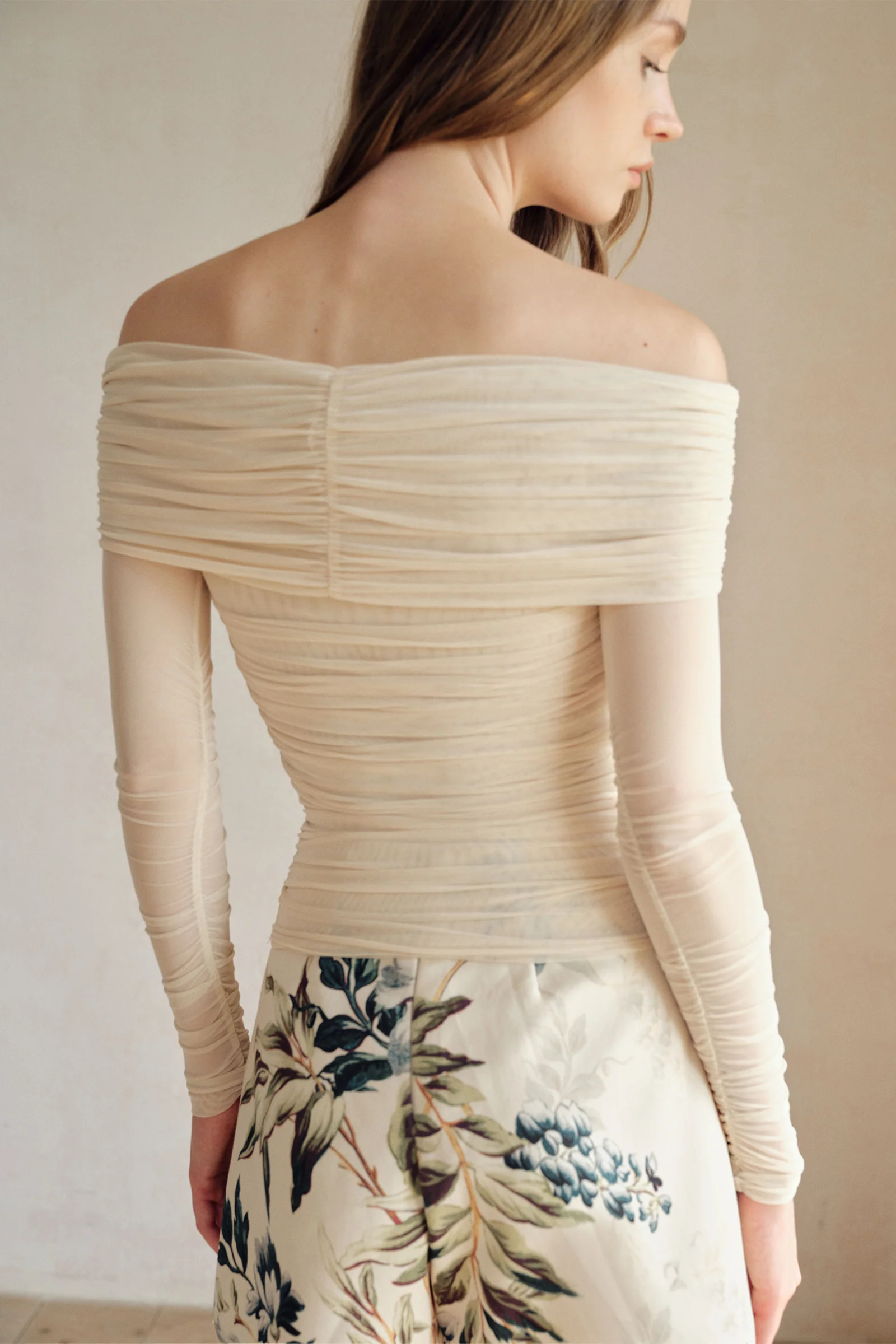Bailey Mesh Ruched Off Shoulder Top (Buttercream) - Image 26