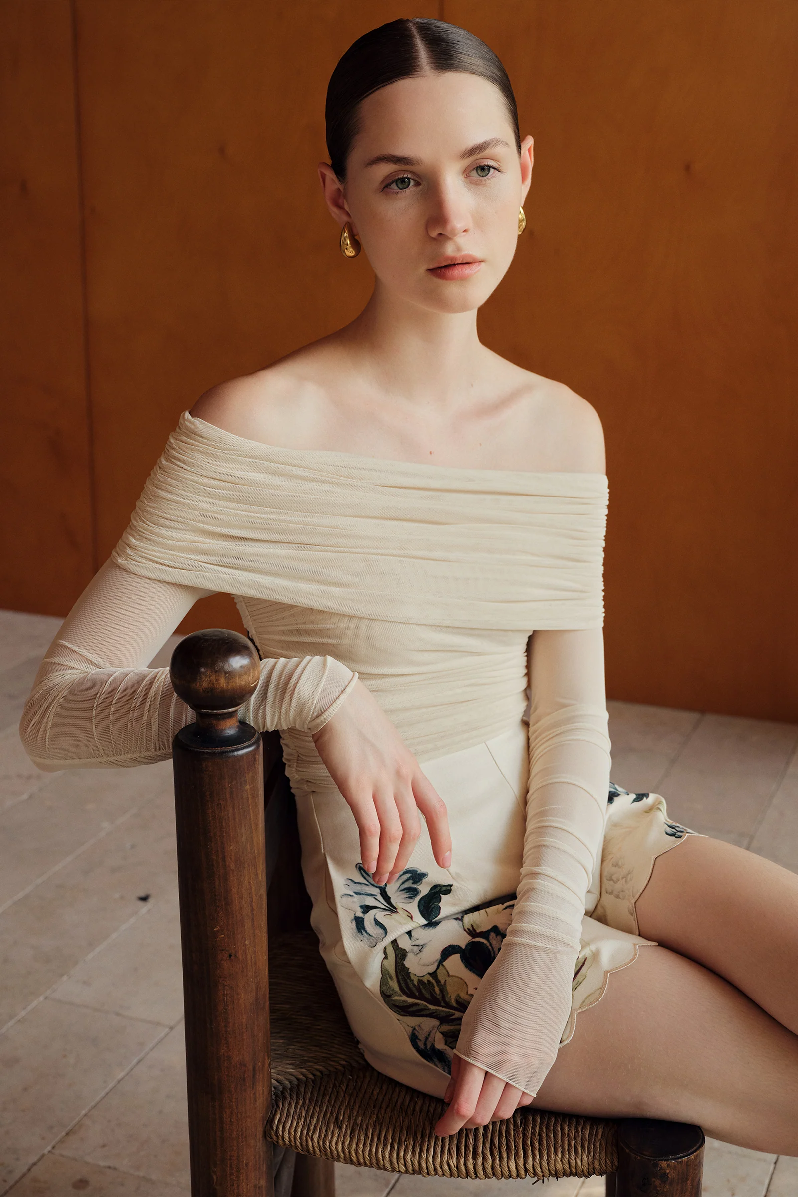 Bailey Mesh Ruched Off Shoulder Top (Buttercream) - Image 27