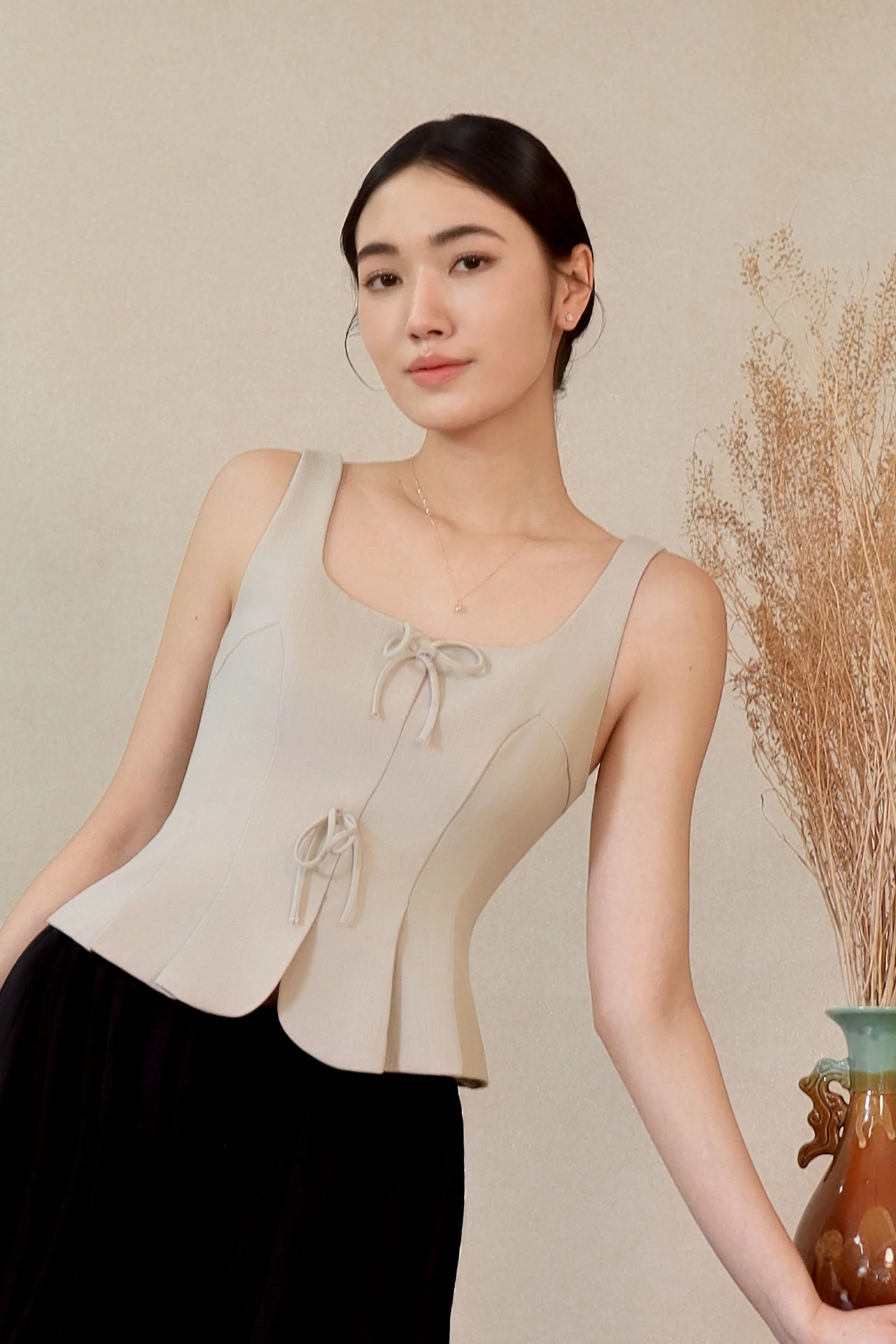 Diunere Ribbon Vest Top (Khaki) - Image 2