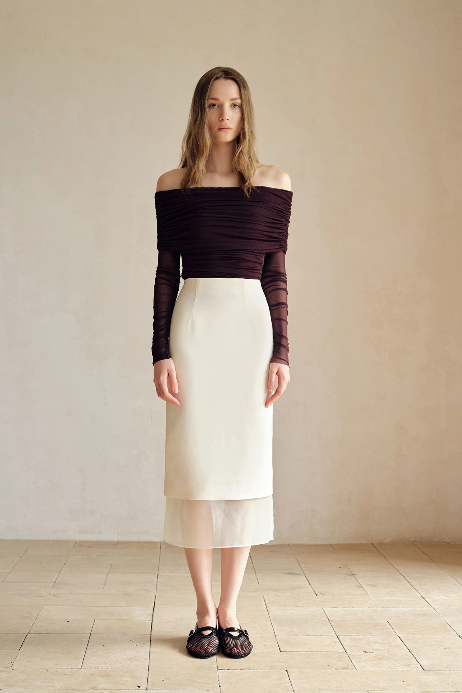 Bailey Mesh Ruched Off Shoulder Top (Ganache) - Image 4