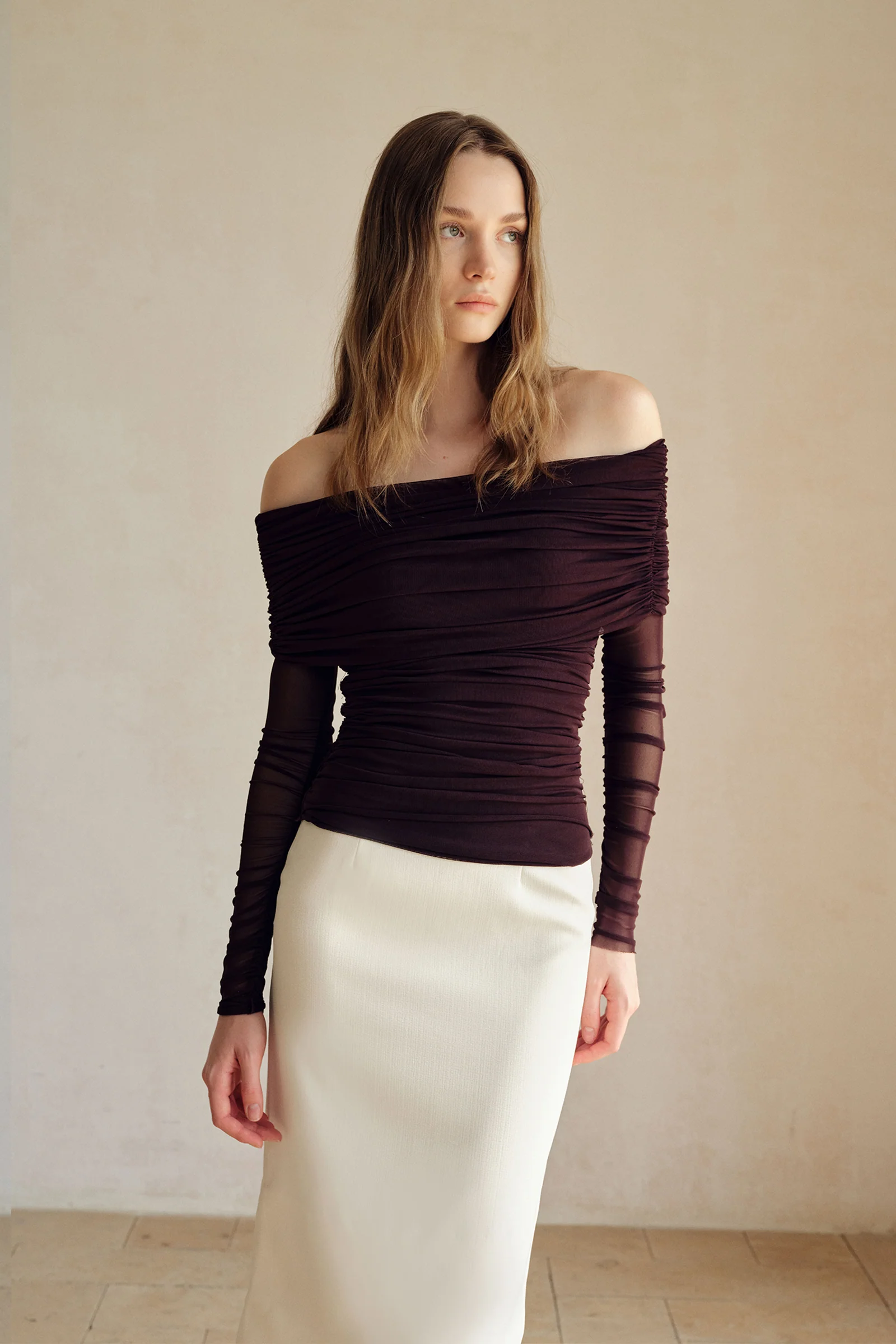 Bailey Mesh Ruched Off Shoulder Top (Ganache) - Image 9
