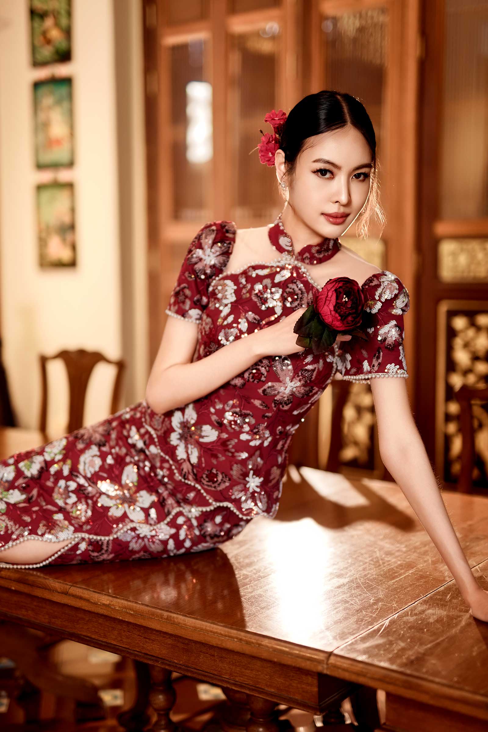 Camelia Qipao (Maroon) - Image 5