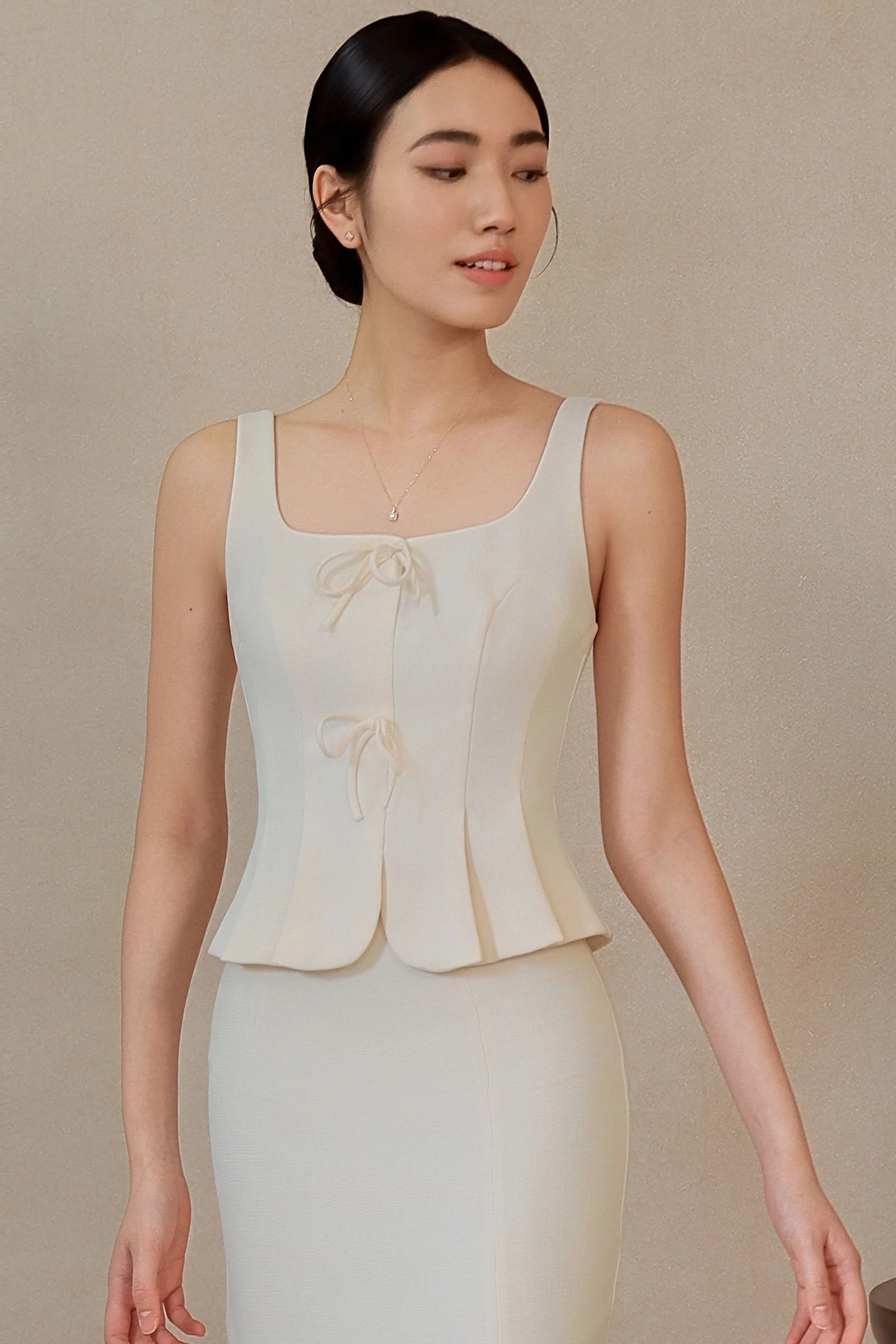 Diunere Ribbon Vest Top (Cream) - Image 11