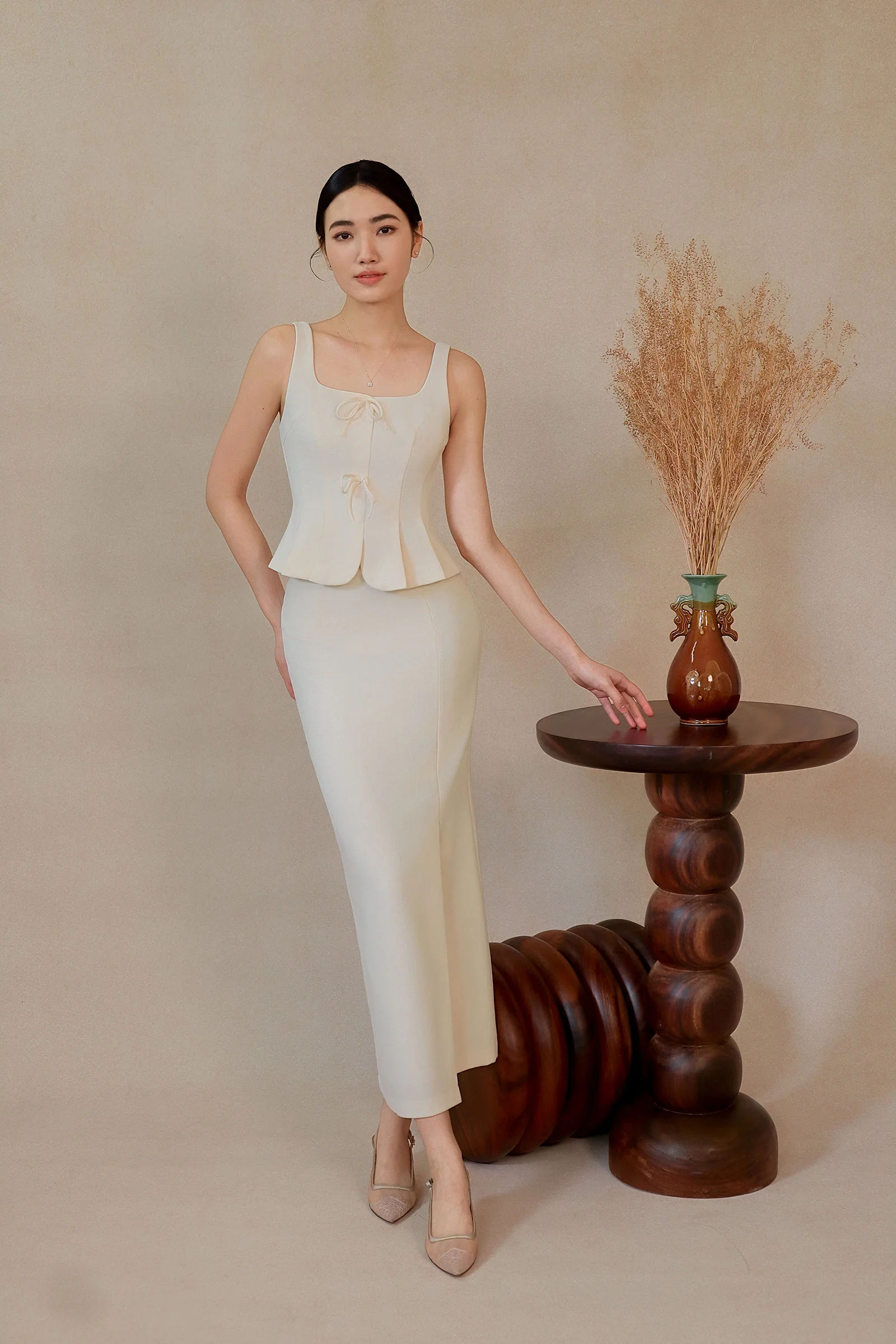 Diunere Ribbon Vest Top (Cream) - Image 16