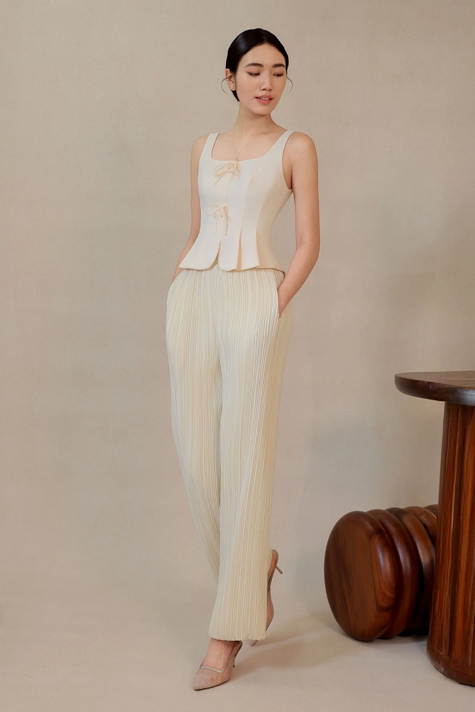 Diunere Ribbon Vest Top (Cream) - Image 3