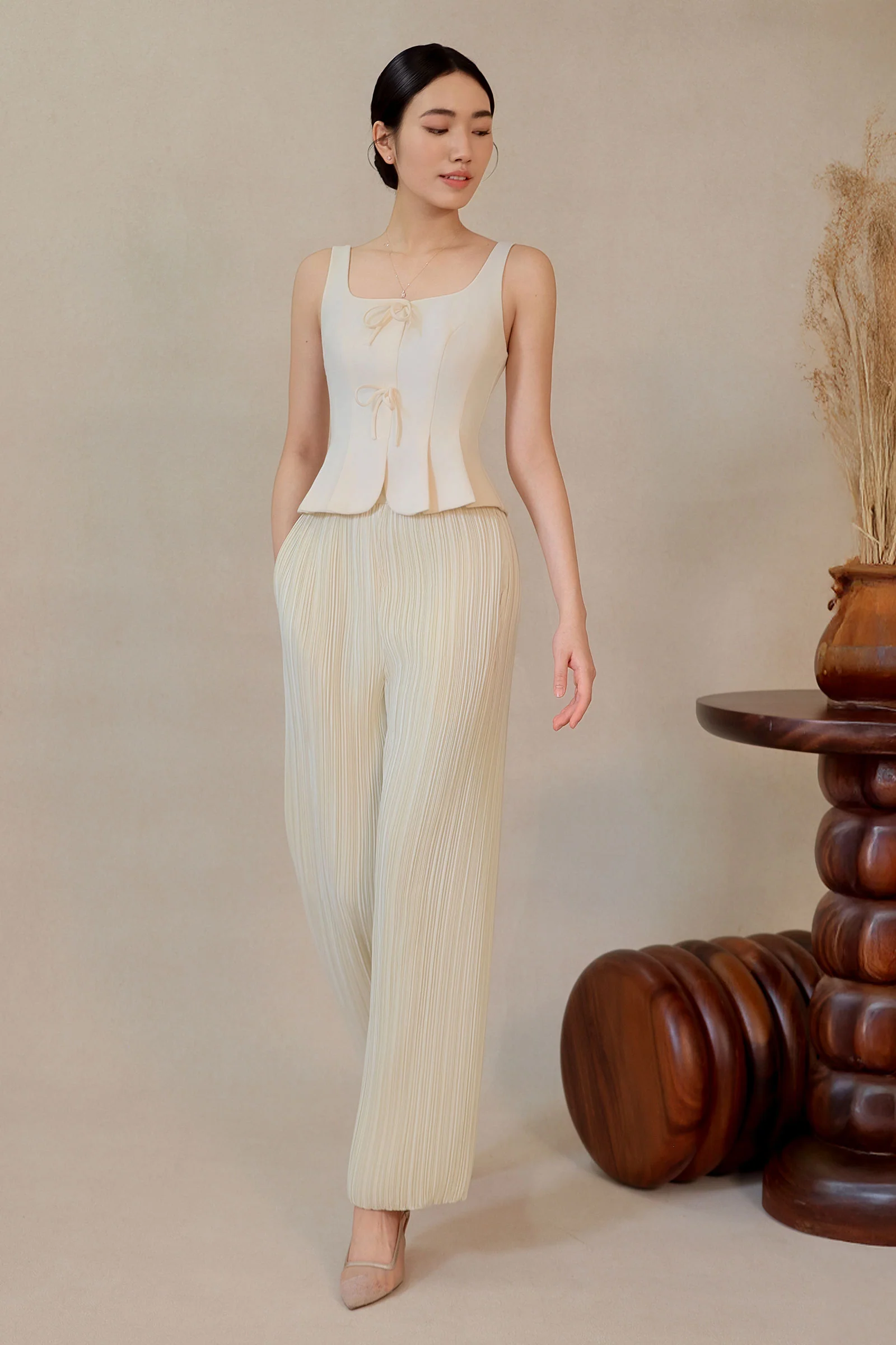 Diunere Ribbon Vest Top (Cream) - Image 5
