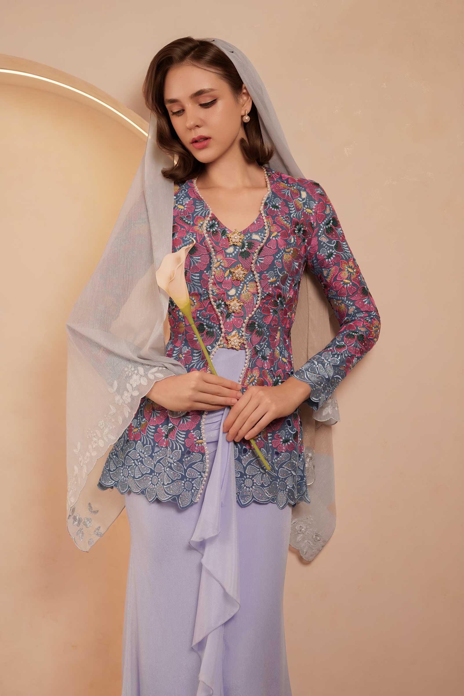 Velvet Demure Kebaya Set (Blue) - Image 5