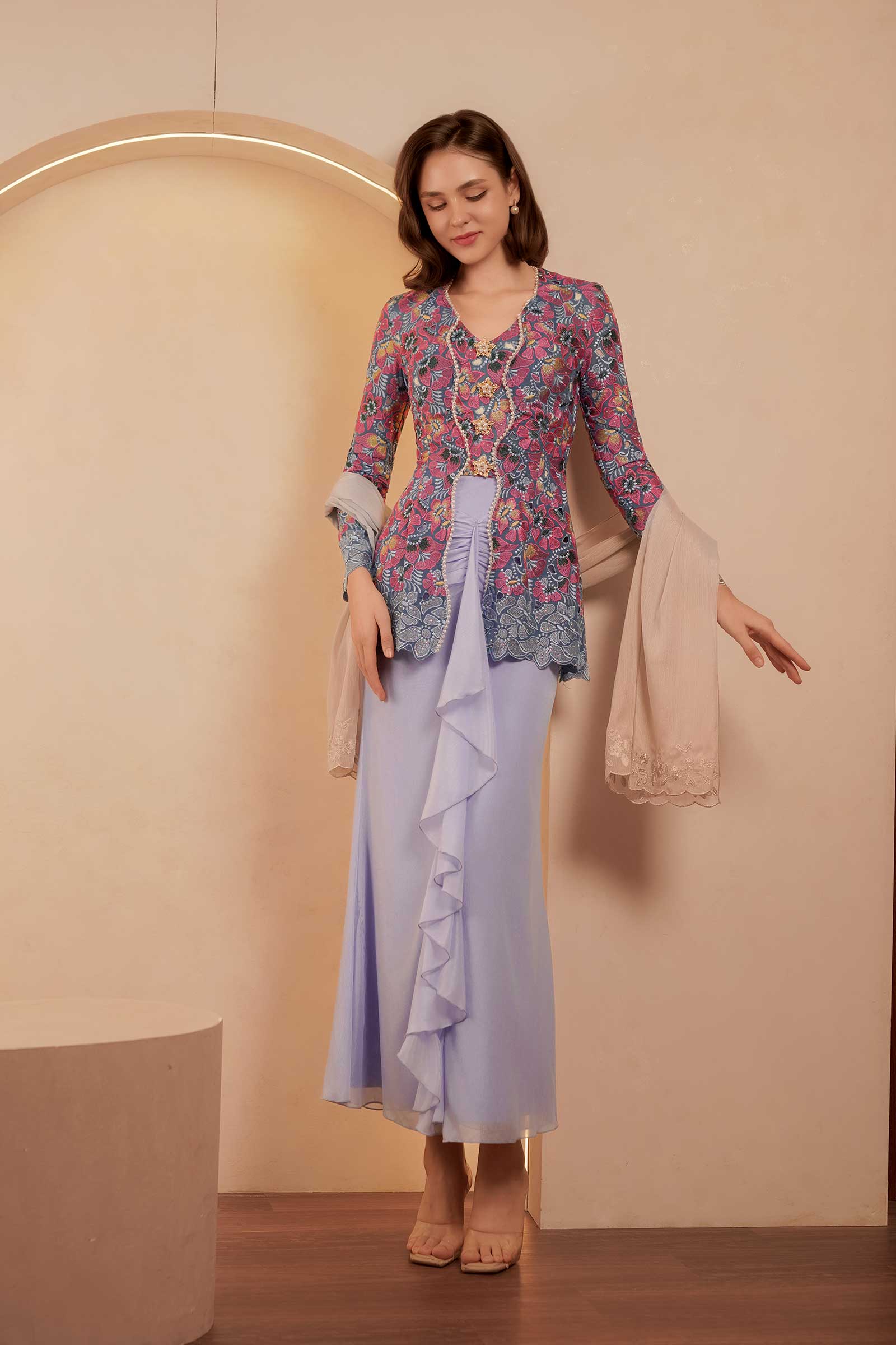 Velvet Demure Kebaya Set (Blue) - Image 6