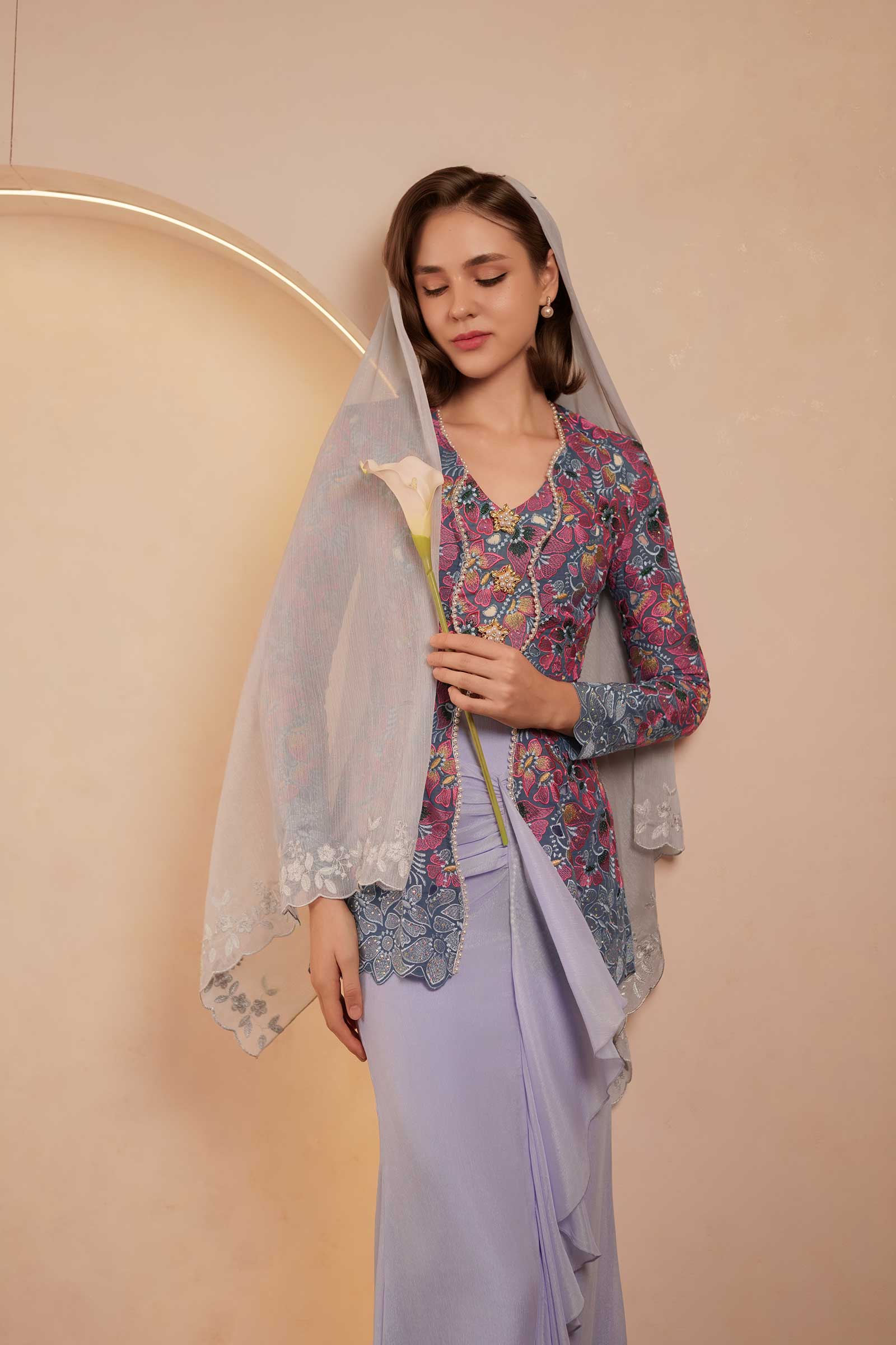 Velvet Demure Kebaya Set (Blue) - Image 7