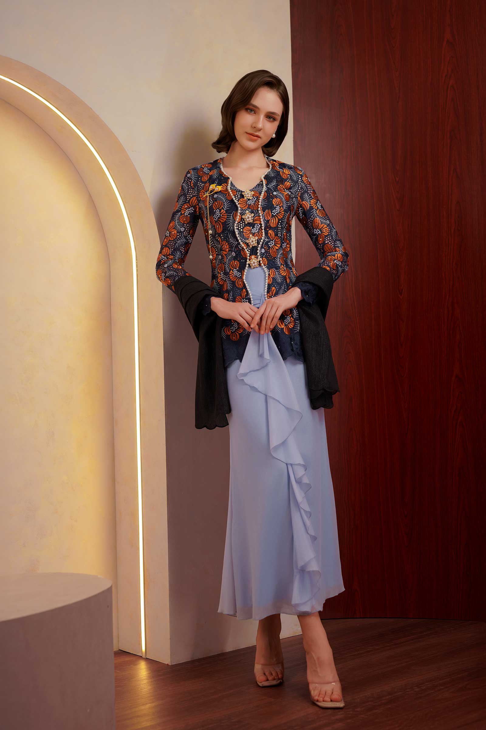 Kemboja Demure Kebaya Set (Blue) - Image 3