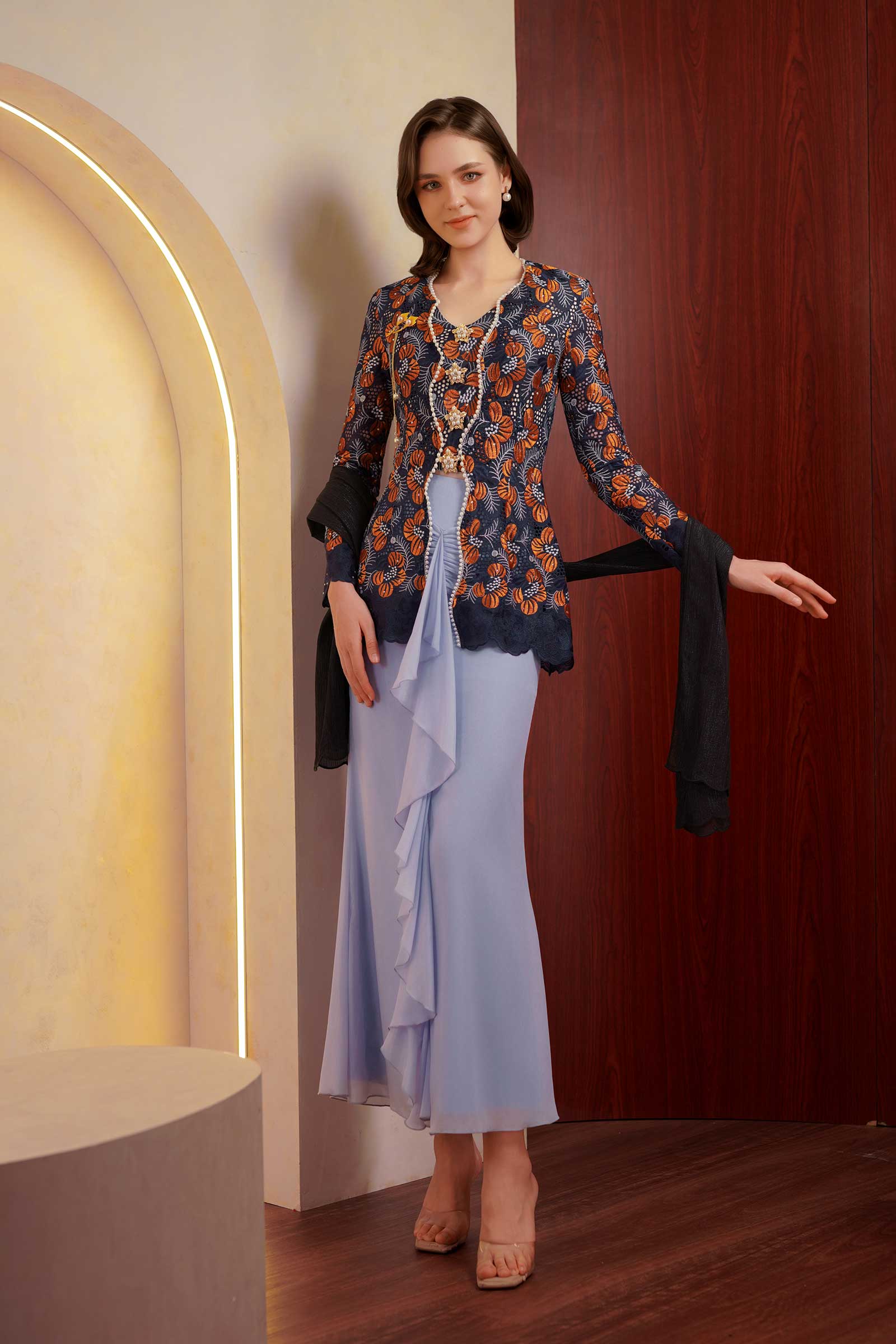Kemboja Demure Kebaya Set (Blue) - Image 4