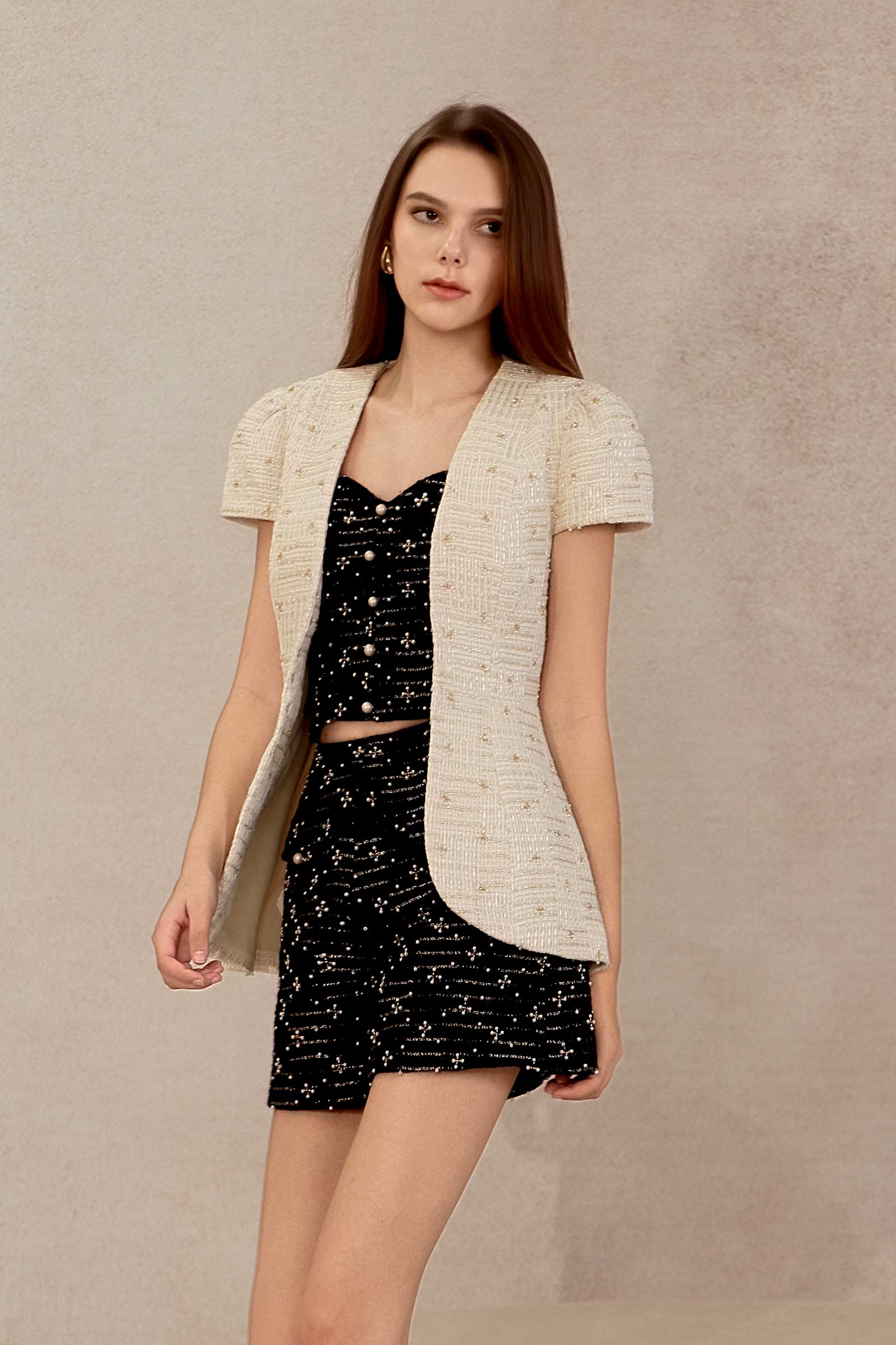 Eclat Tweed Padded Jacket (Cream) - Image 2