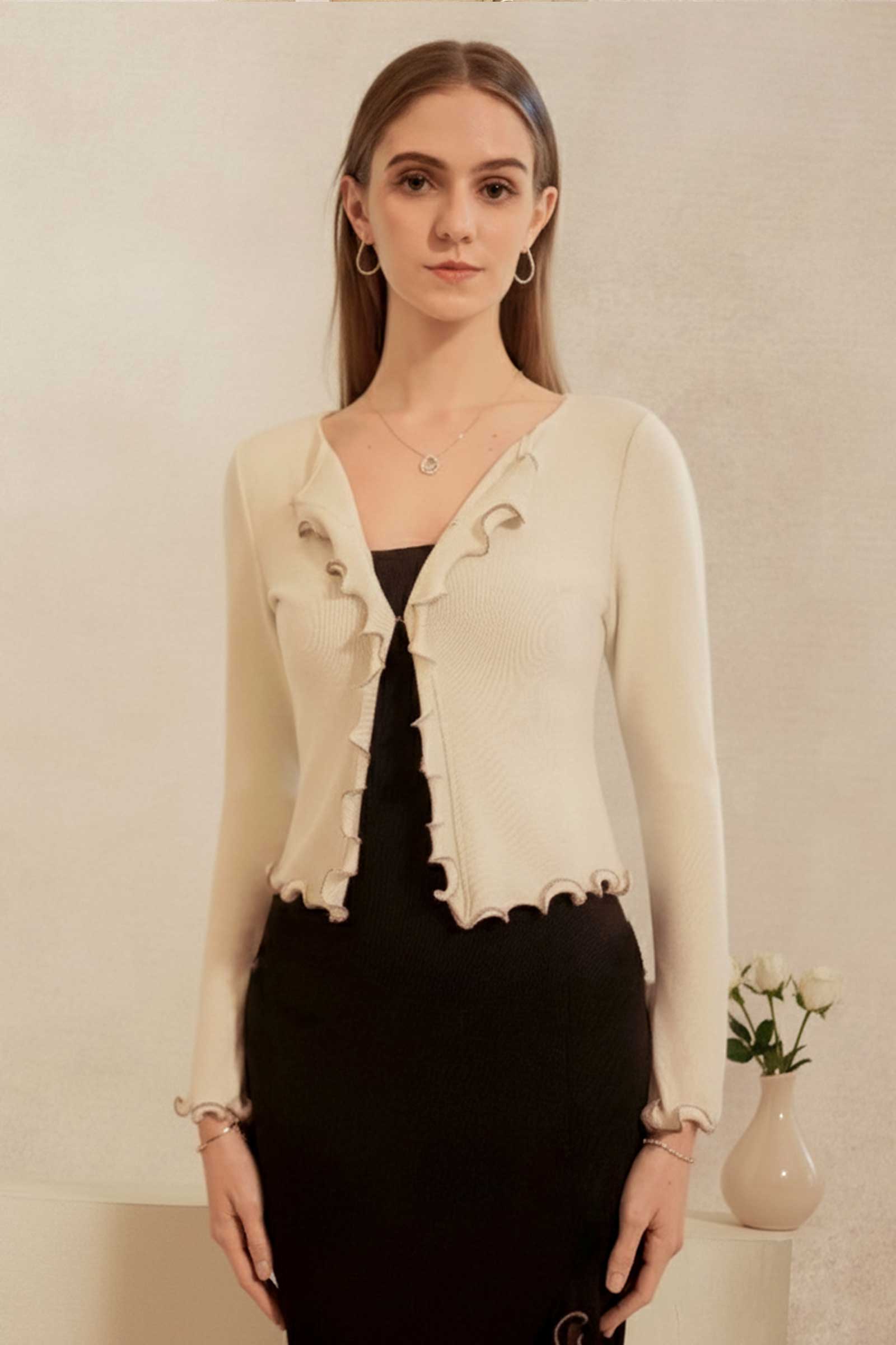 Drenielle Knit Top & Cardi Set (Cream) - Image 2