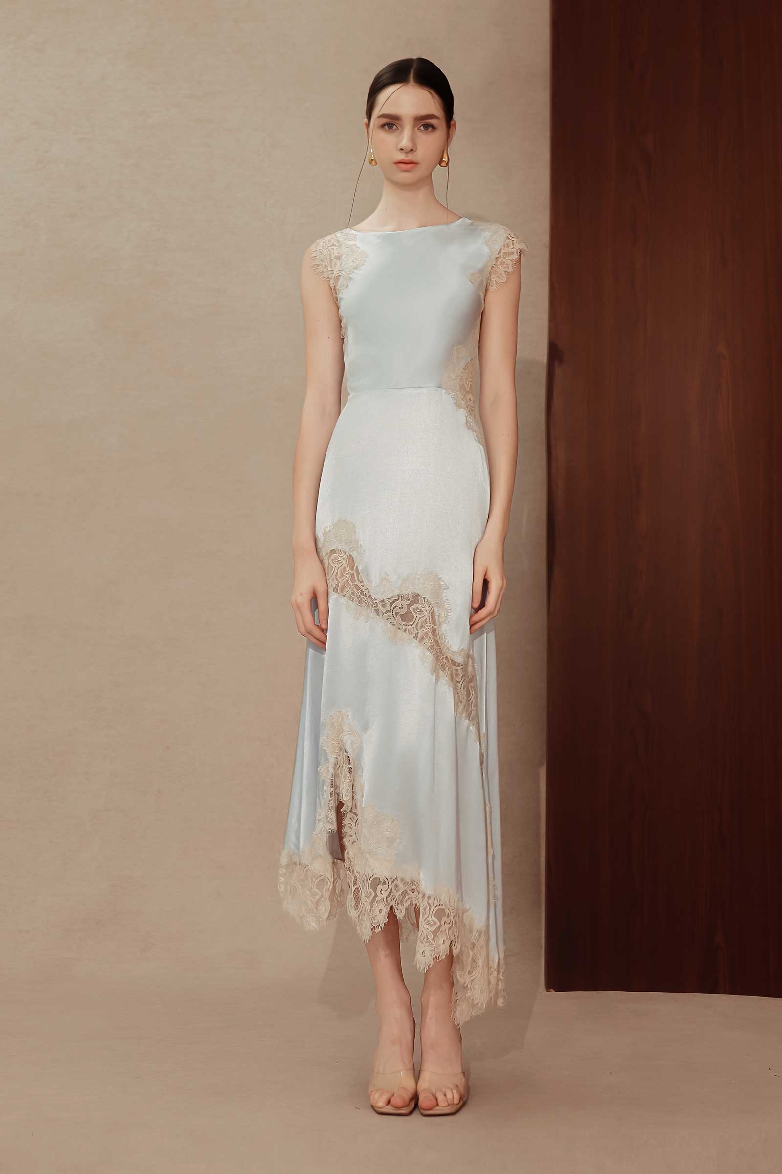 Desianne Lace Trim Satin Dress (Baby Blue) - Image 3