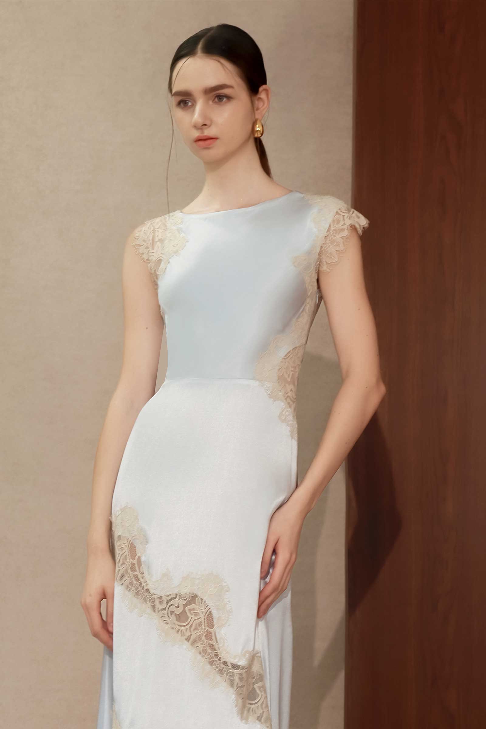 Desianne Lace Trim Satin Dress (Baby Blue) - Image 5