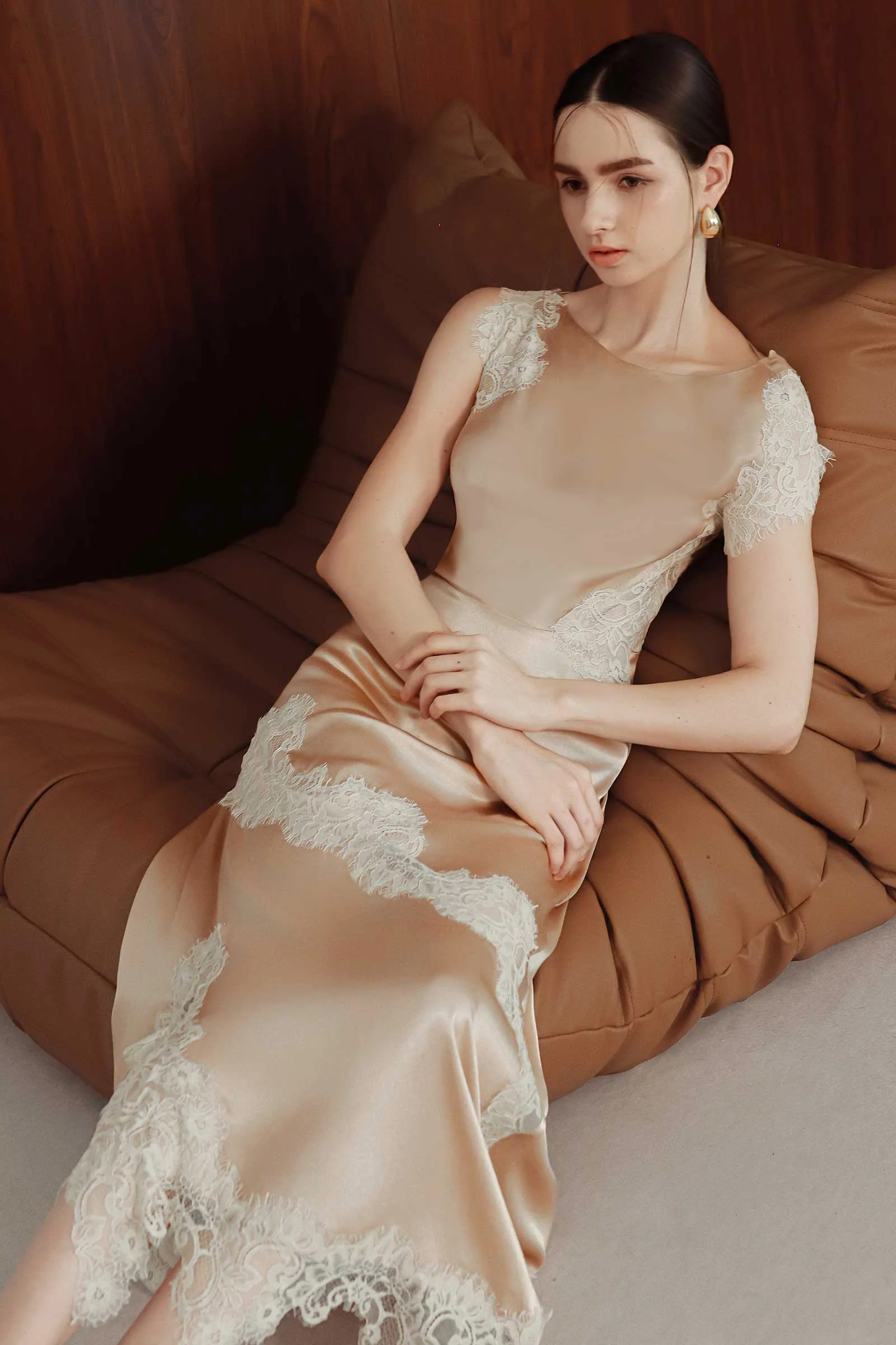 Desianne Lace Trim Satin Dress (Champagne)