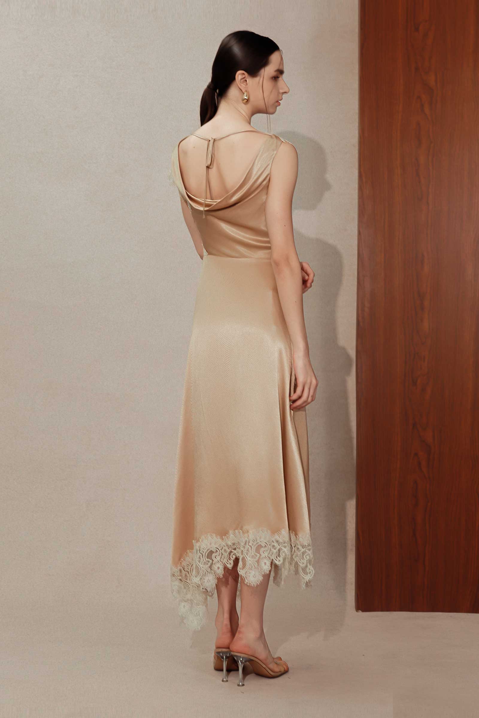Desianne Lace Trim Satin Dress (Champagne) - Image 3