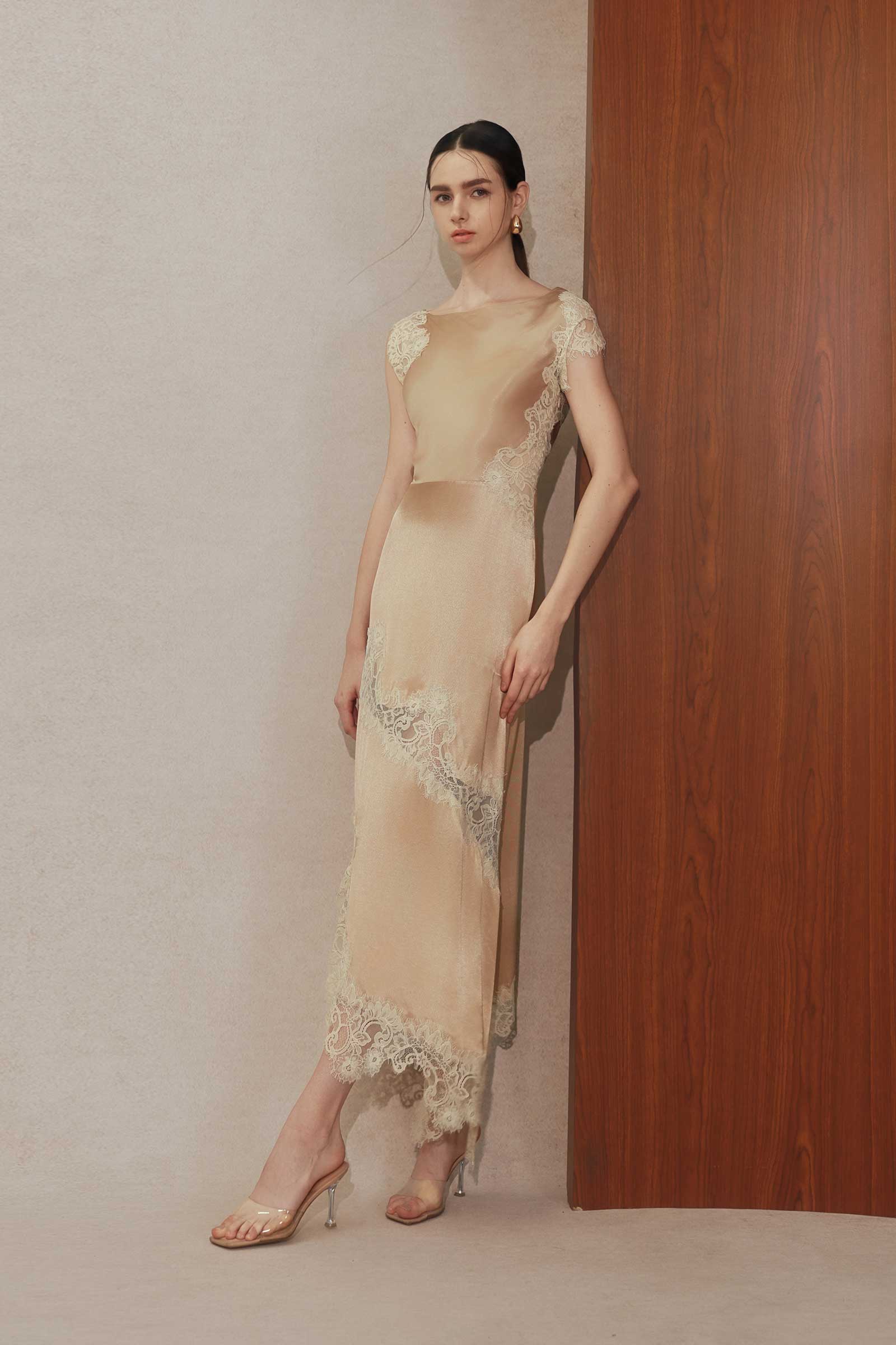 Desianne Lace Trim Satin Dress (Champagne) - Image 6