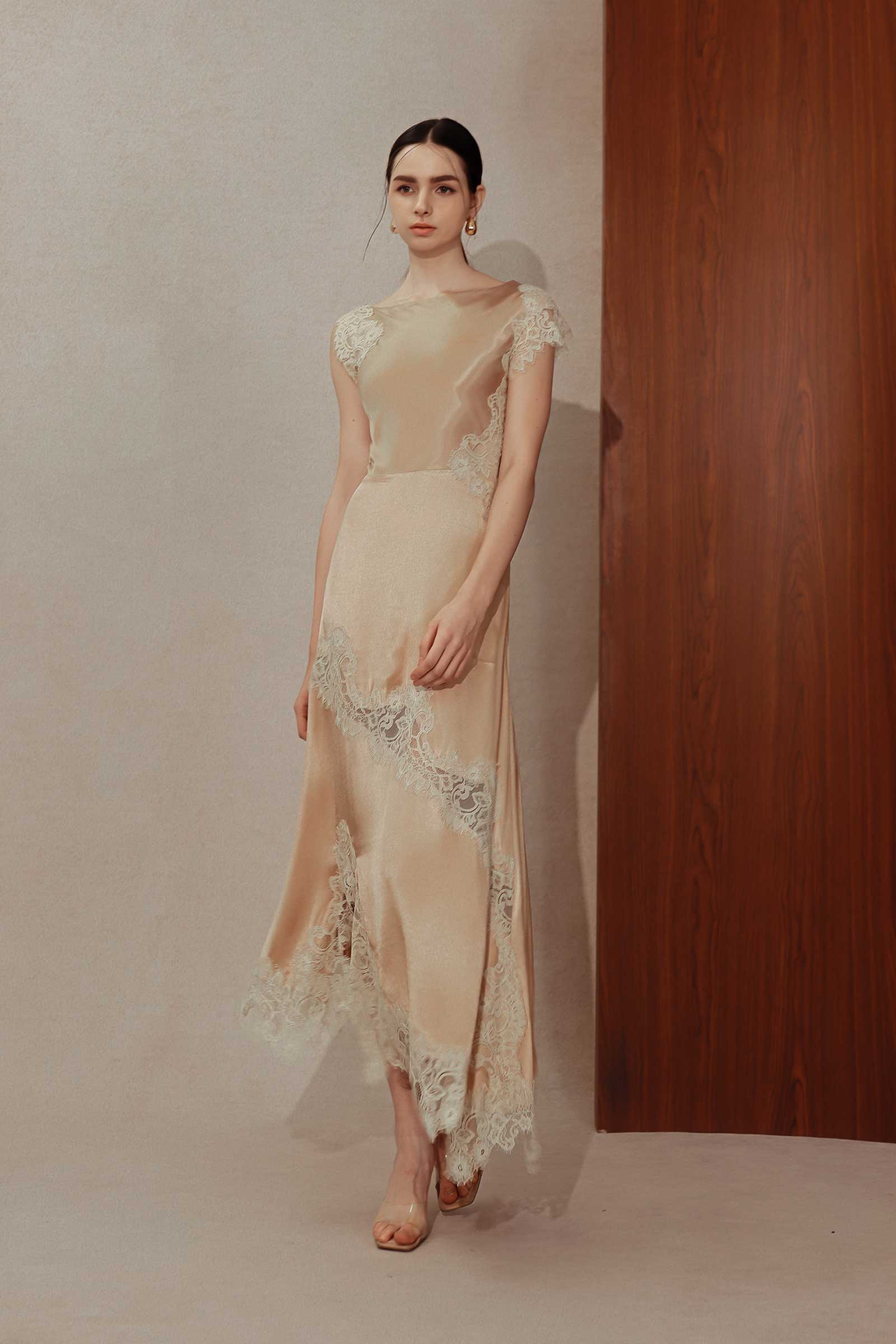 Desianne Lace Trim Satin Dress (Champagne) - Image 8