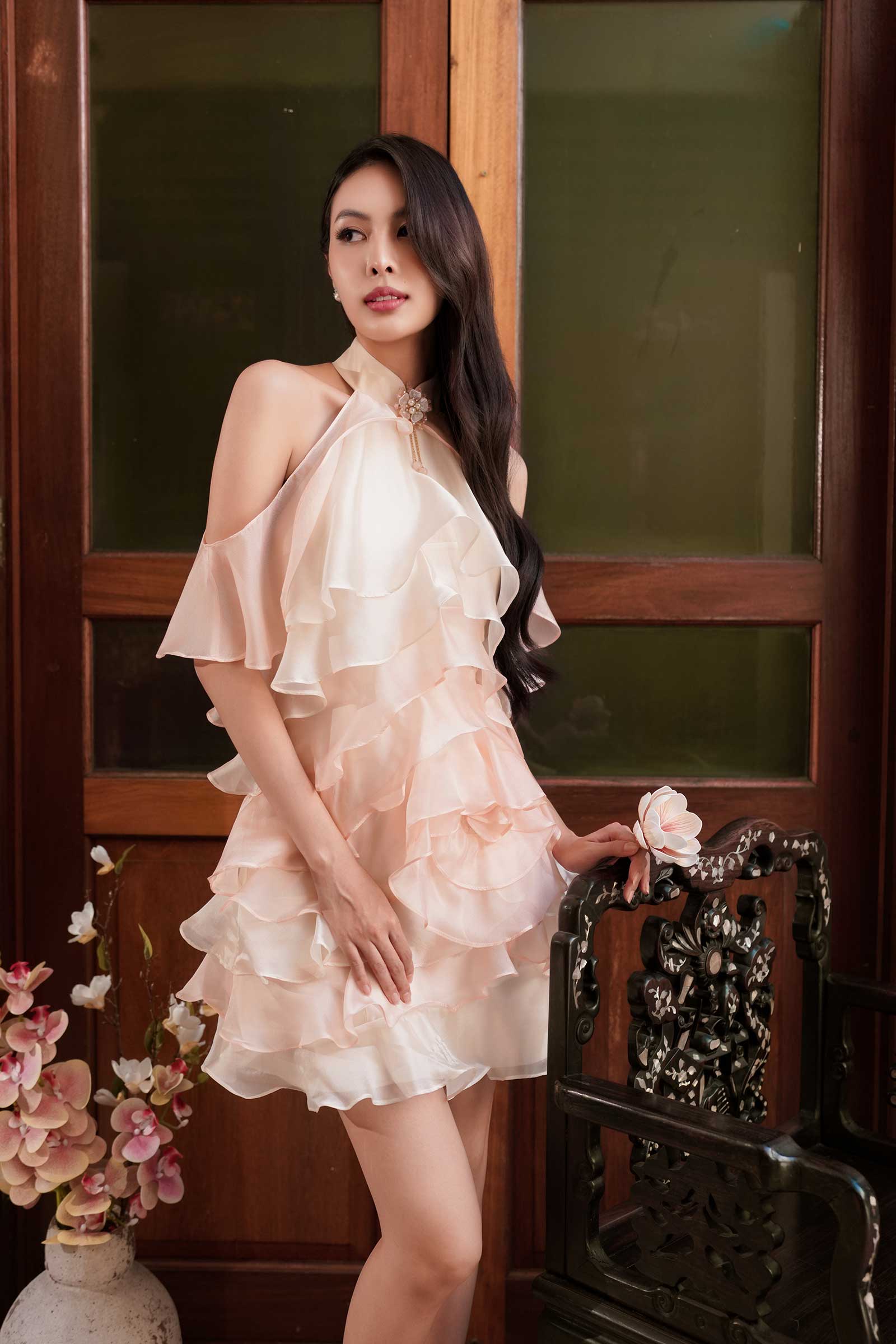 Elyse Ruffle Qipao Dress (Cream) - Image 27