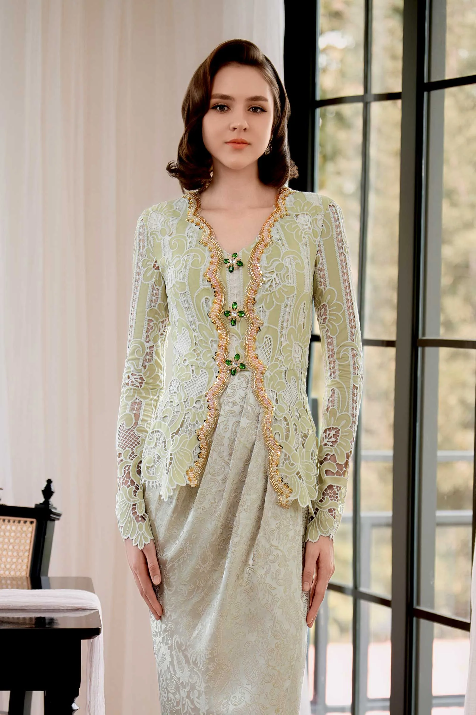 Seroja Kebaya Top Gold Beads (Sage)