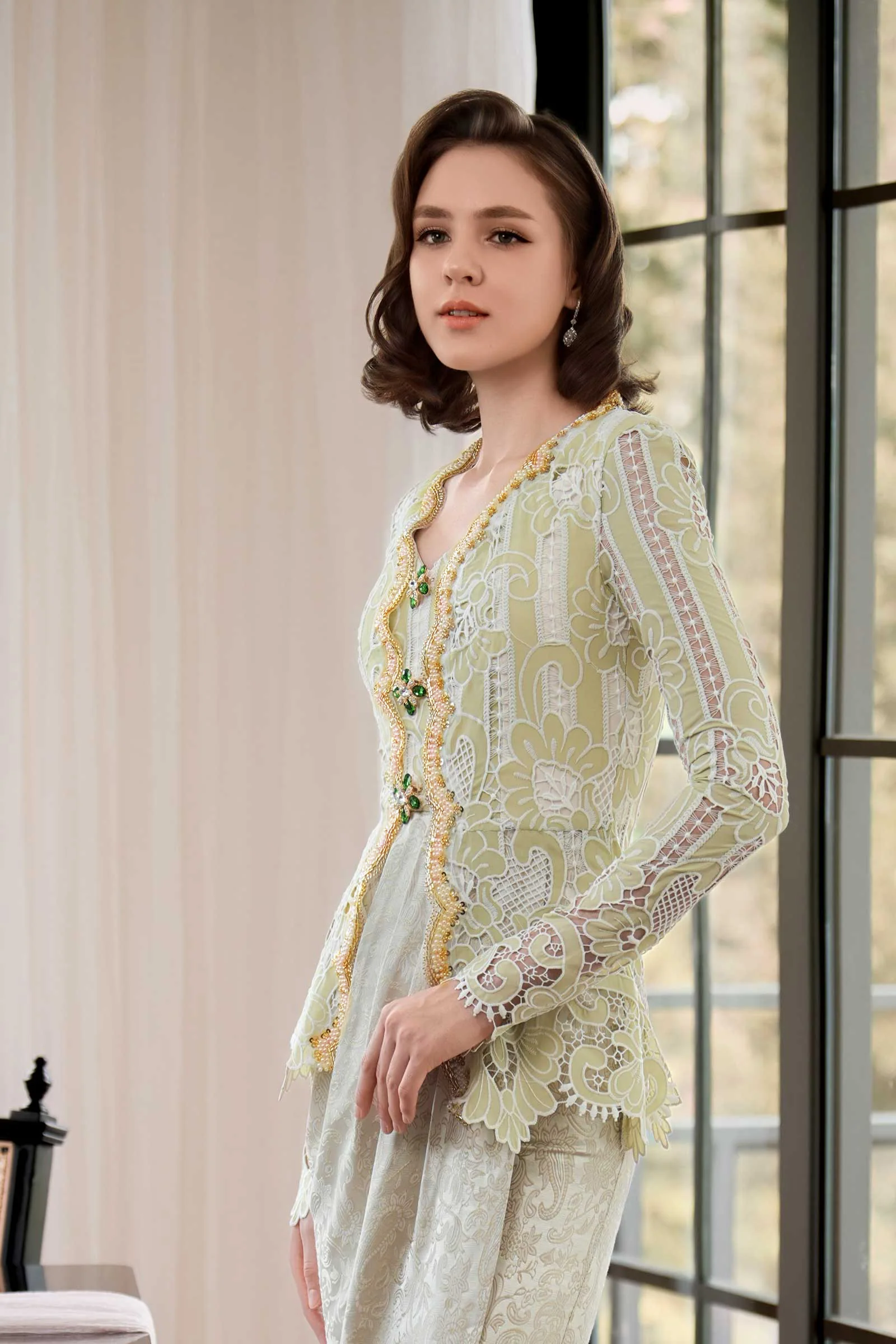 Seroja Kebaya Top Gold Beads (Sage) - Image 2