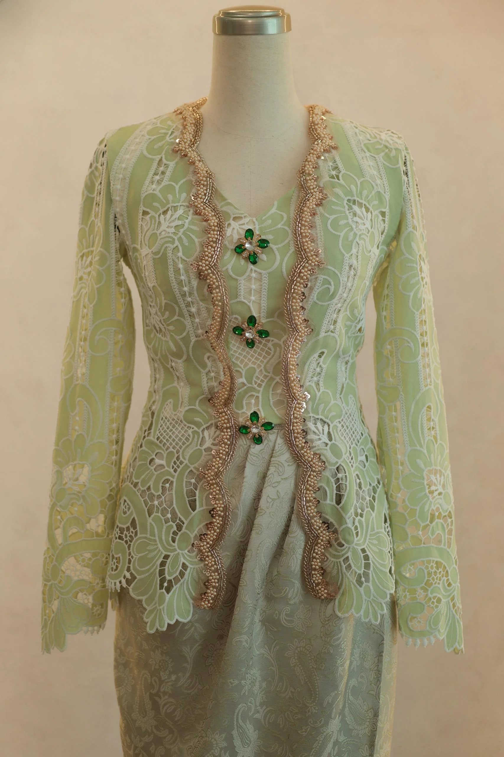 Seroja Kebaya Top Gold Beads (Sage) - Image 3