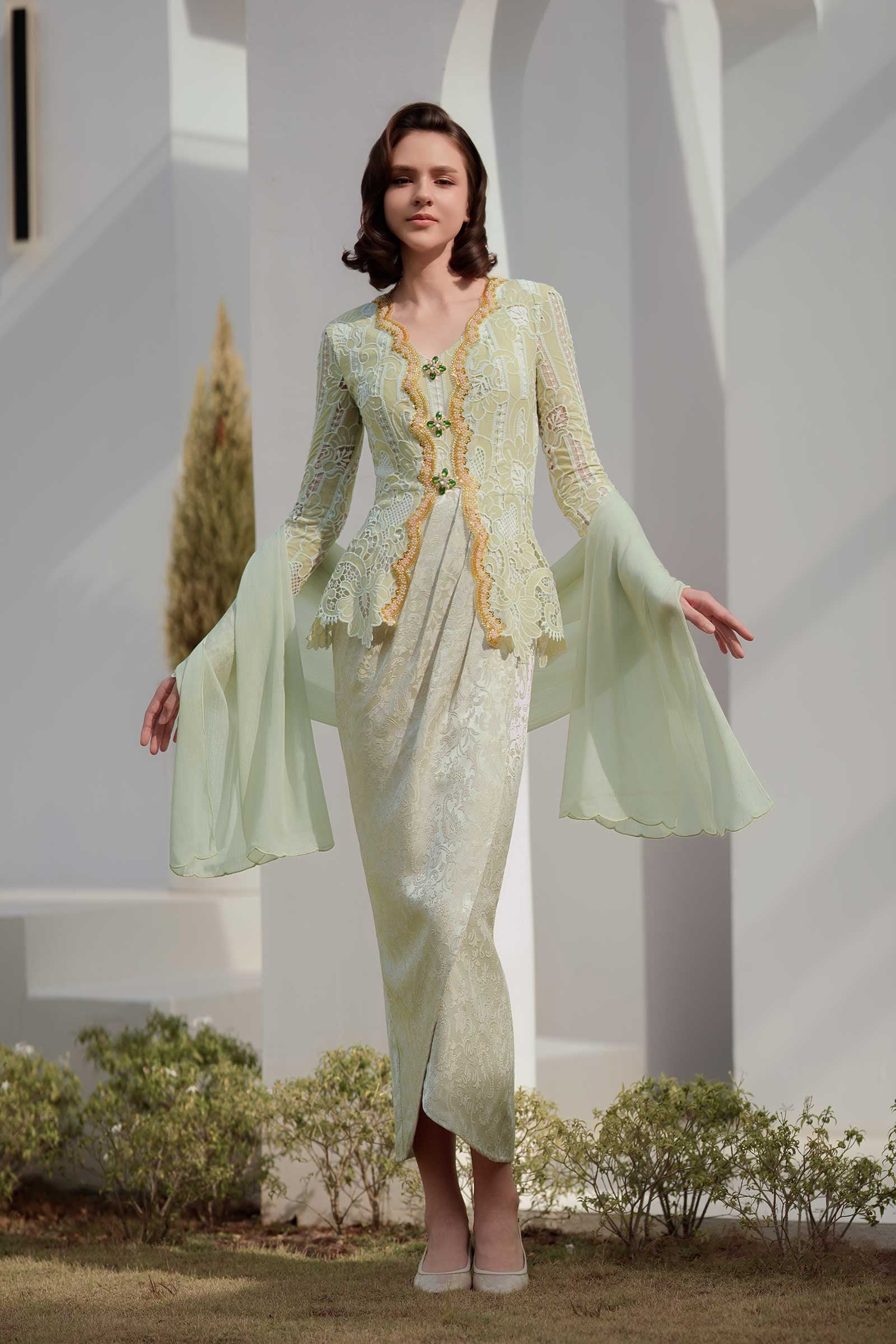 Seroja Kebaya Top Gold Beads (Sage) - Image 5