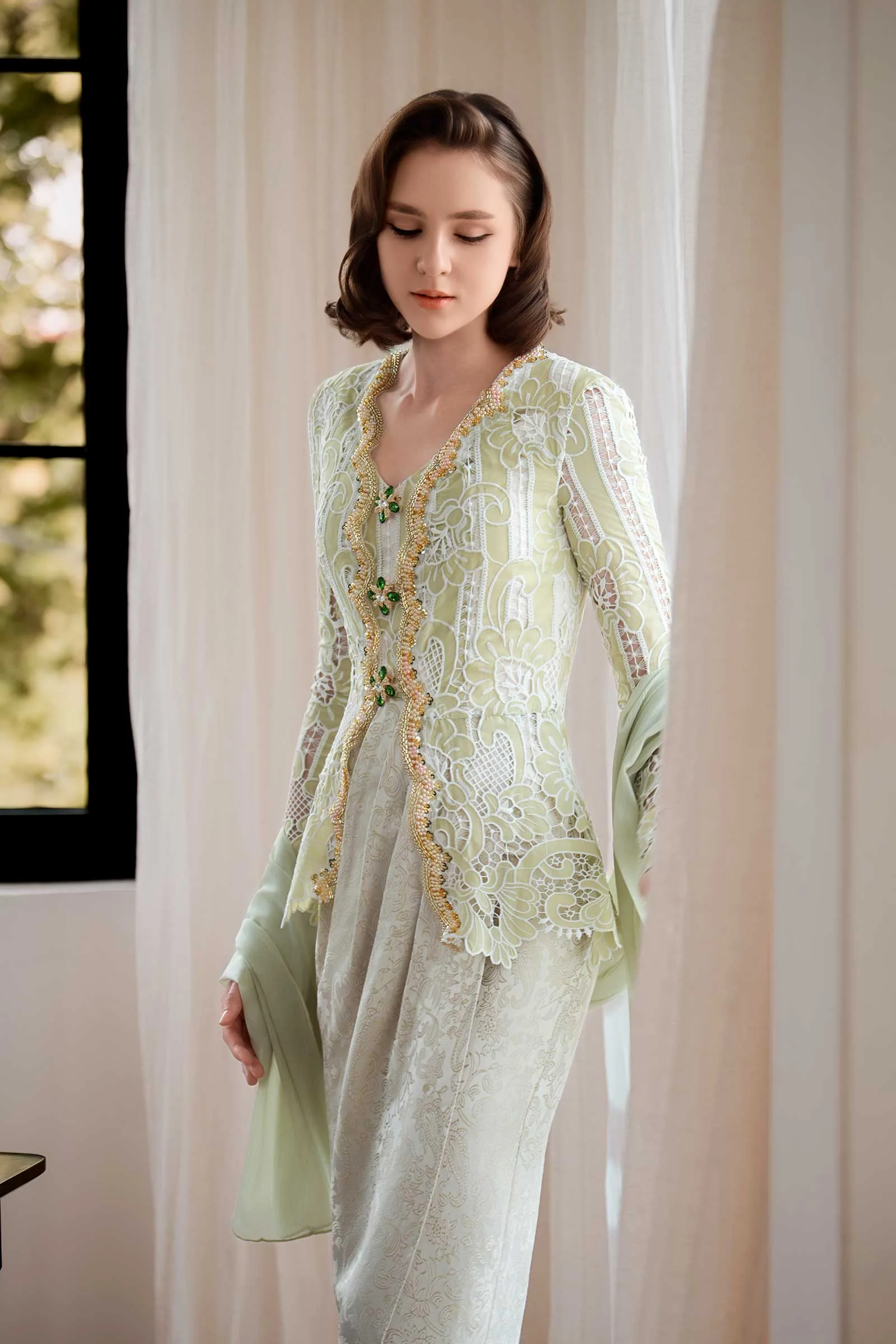 Seroja Kebaya Top Gold Beads (Sage) - Image 7